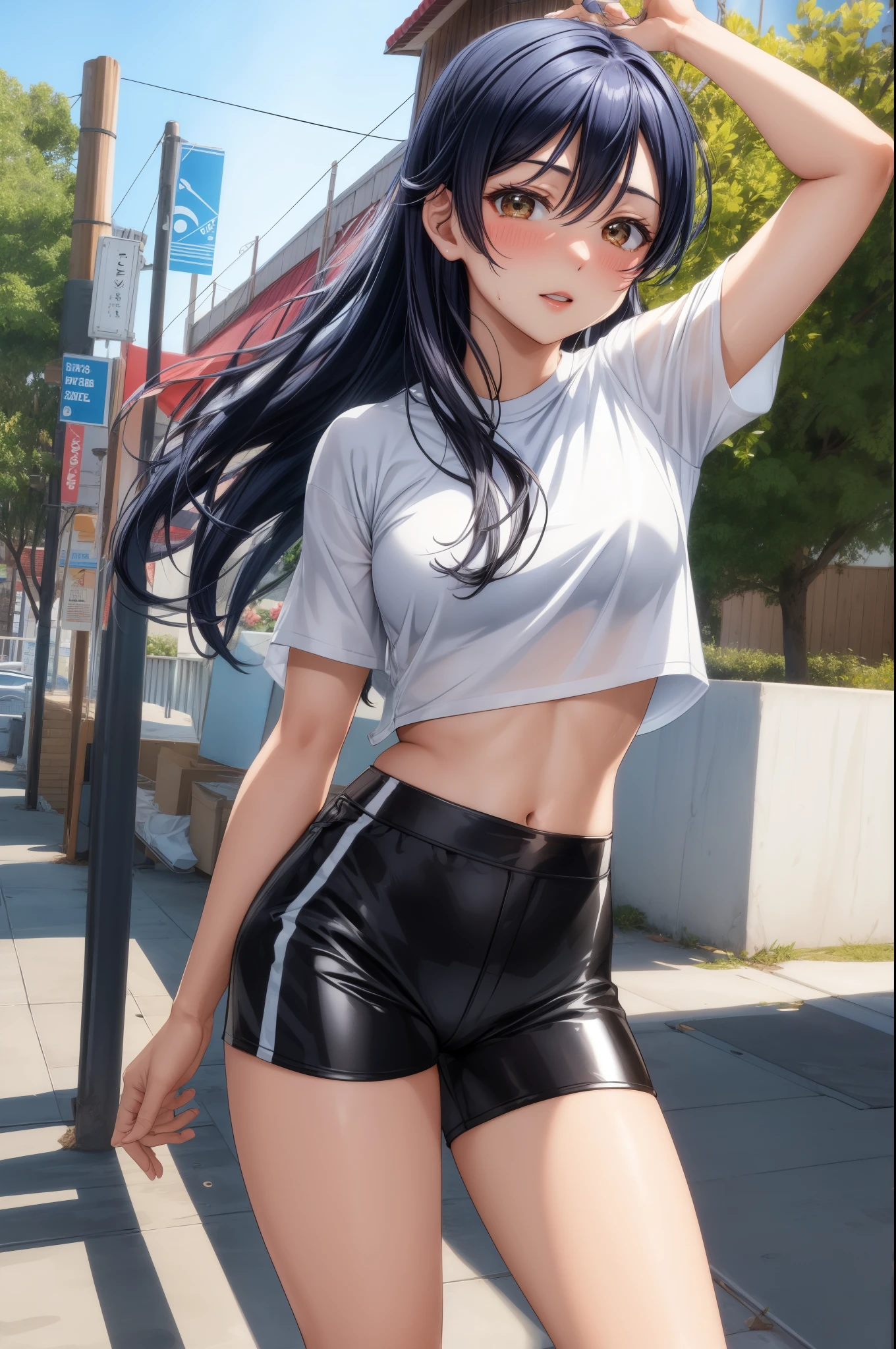 Solo, cowboy shot,Sonoda umi, (wearing white crop top),(black tight hot short),half sleeves, standing, sweating ,outdoors,day