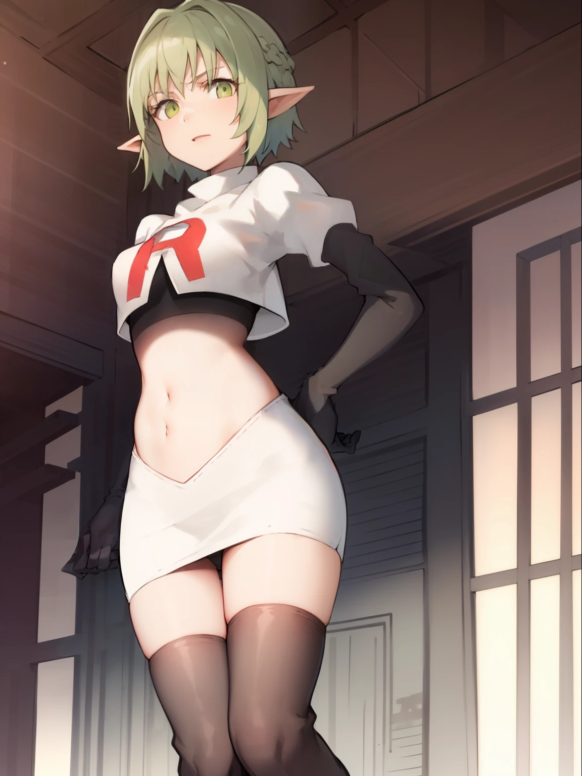 best quality, (masterpiece:1.2), detailed,
1girl, solo, pointy ears,
green hair, green eyes, short hair, short hair with long locks,
team rocket,team rocket uniform, red letter R, white skirt,white crop top,black thigh-highs,black elbow gloves