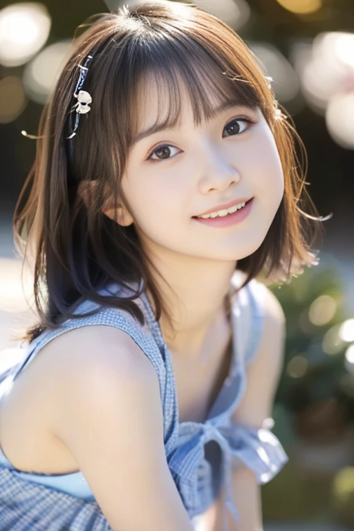 (((masterpiece))), (((Full body photo))), (One beautiful Japan girl, classmates, Innocence,kawaii) ,超A high resolution, Realistic, ultra-detailliert, 8K,top-quality, Extremely detailed, Detailed background,A slender,very beautiful japanese girl, (Detailed face:1.3), (Bery short hair,Cute Hair Ornament,A dark-haired :1.4), (a baby face,kawaii系,adorable 14 year old girl), (Perfect body:1.1), (白いフリルがkawaiiセパレート水着), Gentle smile,Please show me your beautiful teeth,((Focus on the crotch)),Poses in motion,rosy cheeks,Super Detailed Face、Detailed lips、A detailed eye、small gravure idol,Transparent skin、Lori,Photorealistic:1.37,no-makeup,Neutral Lighting,in a pool,thin arm、When using NTFS