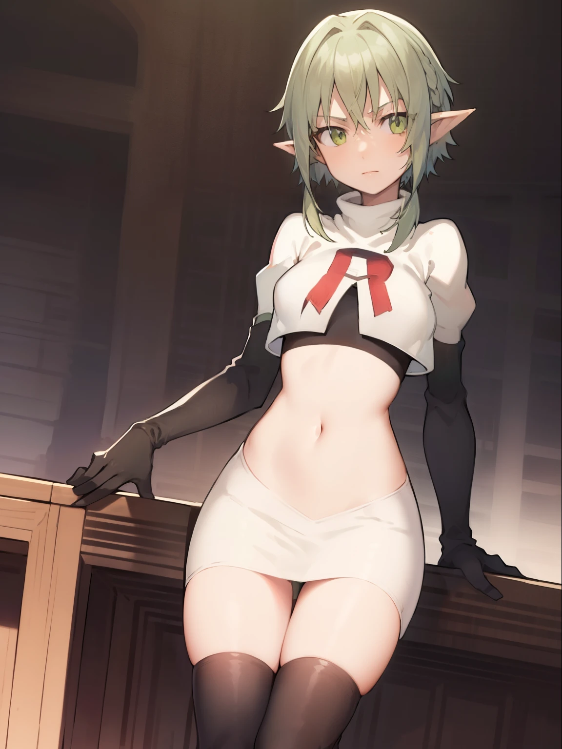 best quality, (masterpiece:1.2), detailed,
1girl, solo, pointy ears,
green hair, green eyes, short hair, short hair with long locks,
team rocket,team rocket uniform, red letter R, white skirt,white crop top,black thigh-highs,black elbow gloves