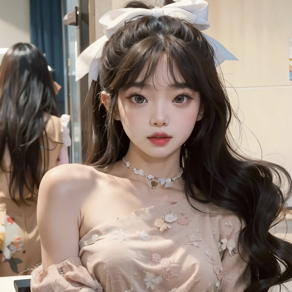 Araffe Asian woman with long hair and a bow in a dress, Lalisa Manobal, Lalisa Manoban de Blackpink, con flequillo, long hair con flequillo completo, ulzzang, con flequillo completo, Jaeyeon Nam, Jinyoung Shin, long hair con flequillo, El Corte Hime, Bae Suzy, Gongbi, Heonhwa Choe