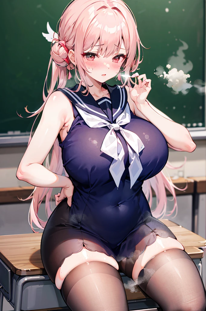 Perfect human body,1 girl, (very highly detailed background,Classroom), 鎖骨,Sleeveless sailor suit,Bow knot,semi transparent,(White stockings),((woman with fever)), ((perspired,Steaming,college aged))), Colossal titpression of color)), (blush blush:1.2),