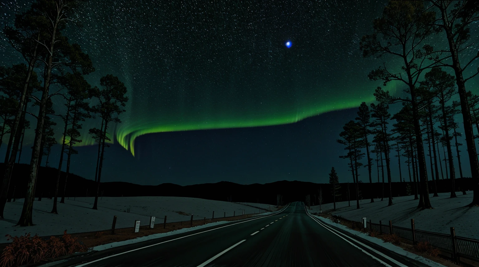 Fantasy forest with japanese maple tree, lonely road, snow, northern lights,