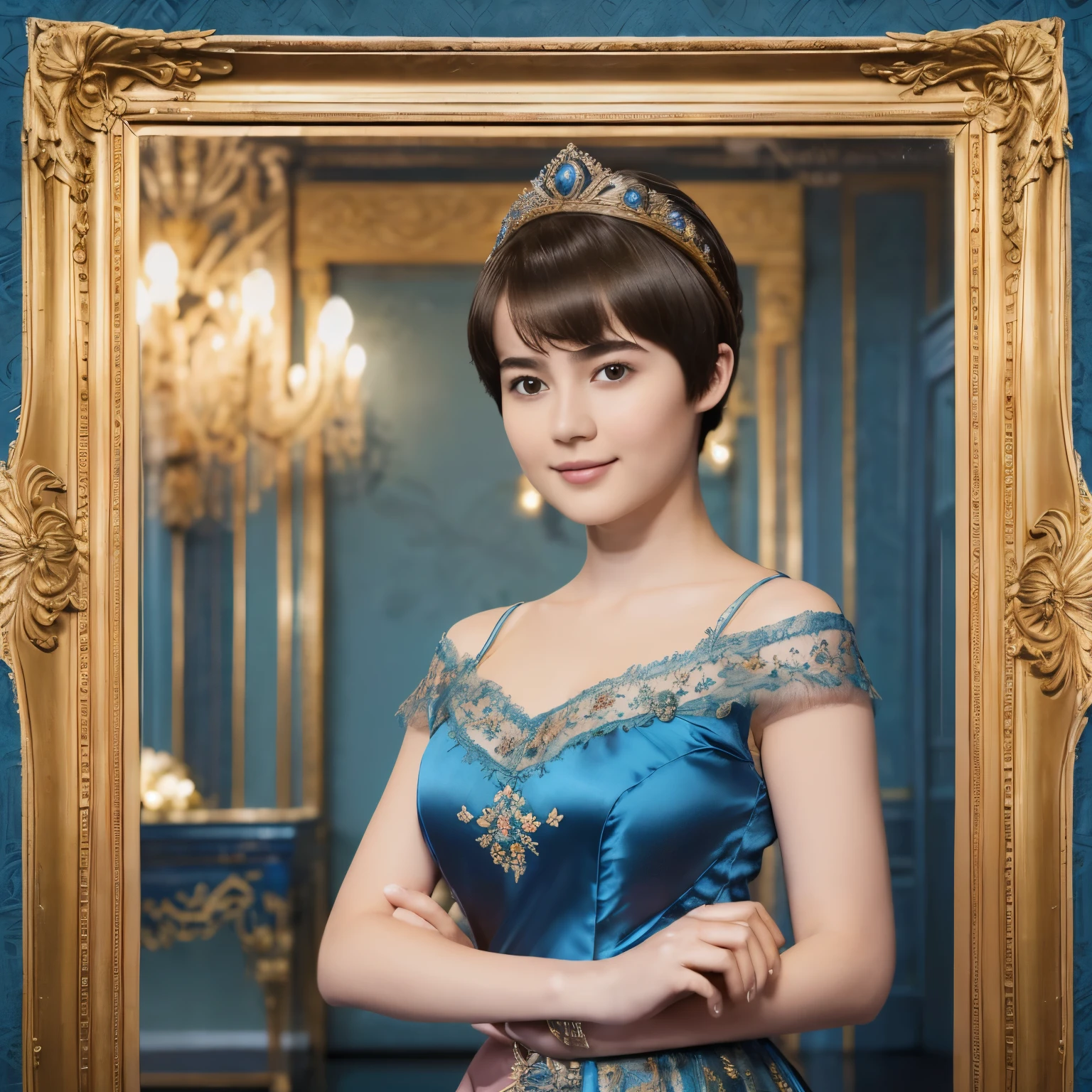 142
(a 20 yo woman,in the palace), (A hyper-realistic), (high-level image quality), ((beautiful hairstyle 46)), ((short-hair:1.46)), (kindly smile), (breasted:1.1), (lipsticks), (wearing a blue dress), (murky,wide,Luxurious room), (florals), (an oil painting、Rembrandt)