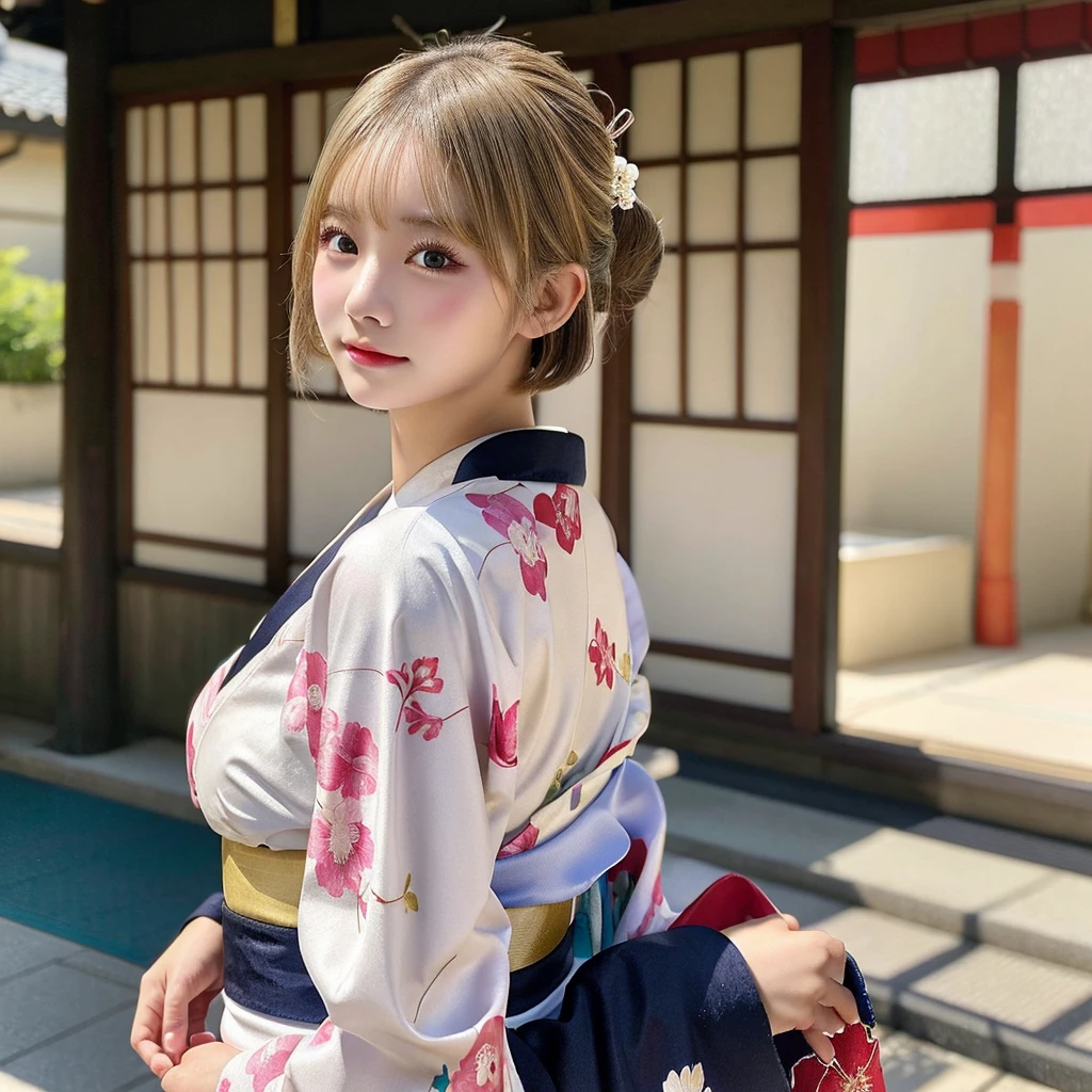 teens girl、kimono、furisode、new year、celebration、a blond、Medium bob、Skin texture、D-Cup bust、the morning sun、Background blur、telephoto lens