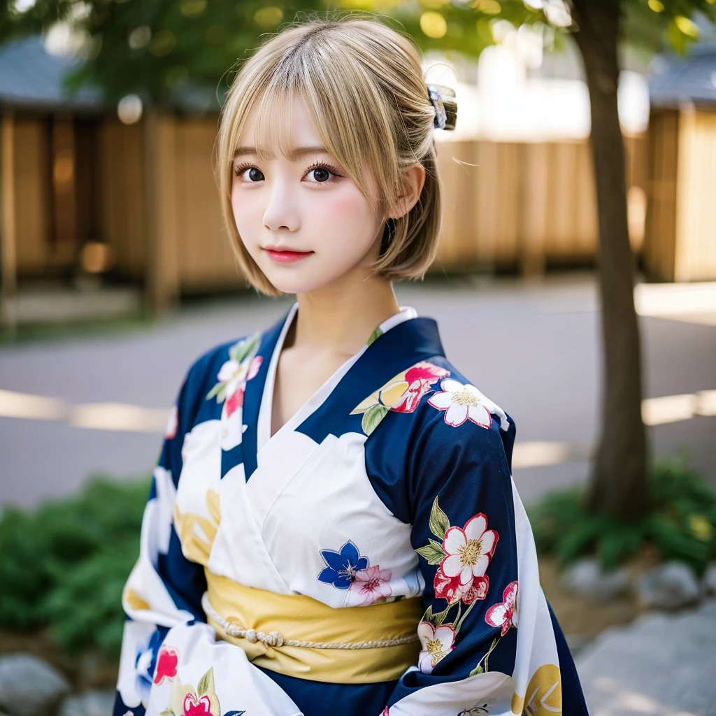 s girl、kimono、furisode、new year、celebration、a blond、Medium bob、Skin texture、D-Cup bust、the morning sun、Background blur、telephoto lens