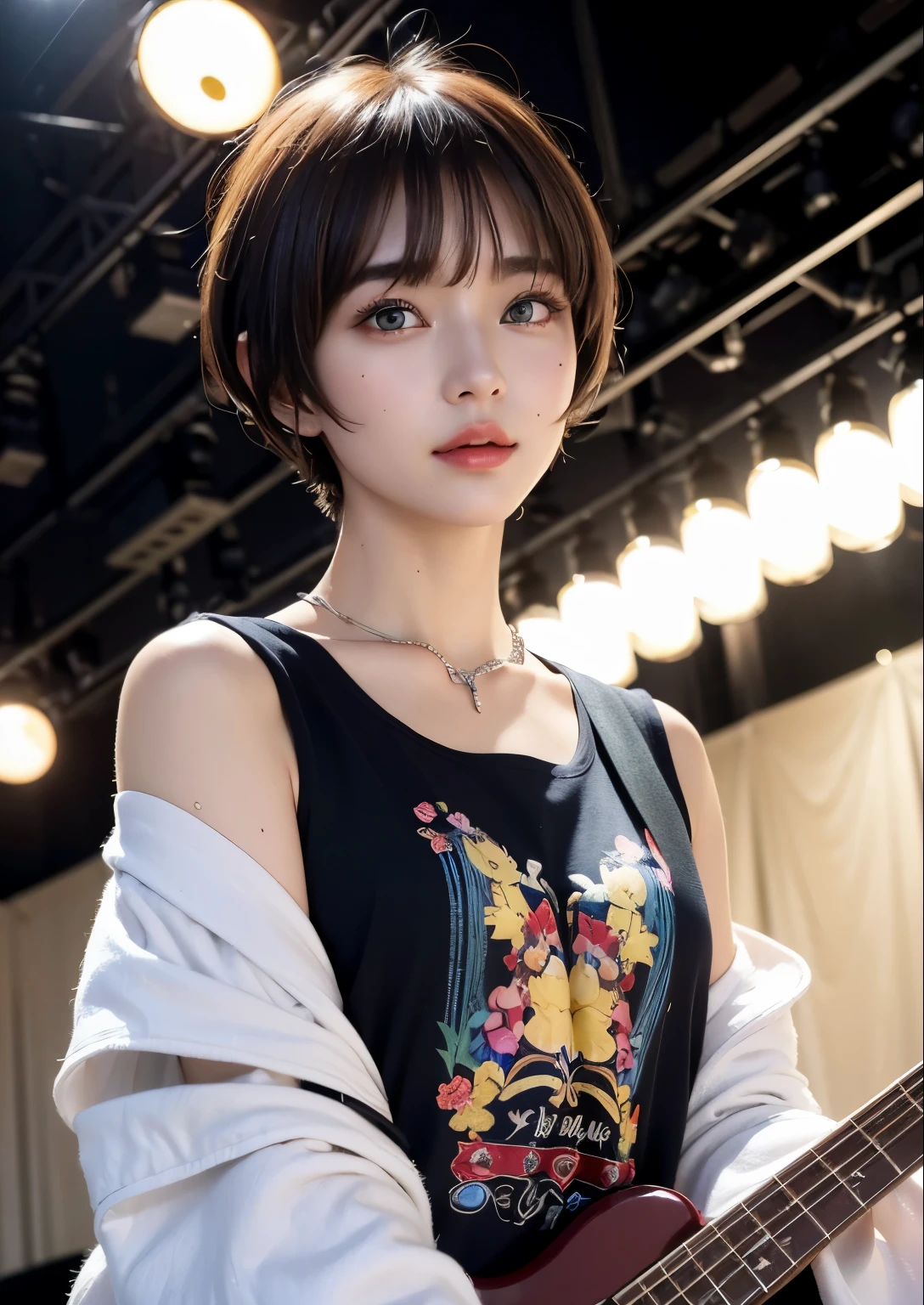((top-quality))、(masterpiece:1.4)、Raw photography、8K、((Top image quality))、 ((Top resolution))、Beautiful face in every detail、Very detailed、Gentle expression、(One lady:1.3 )、realisitic、フォトrealisitic、(Bery short hair:1.4)、(Beautuful Women)、(cute Japanese girls:1.3)、(mannish)、((Pretty Woman))、(Beautiful hair)、((dark brown hair))、(((Red cheeks)))、((Her eyes are big))、20-year-old beauty、(her face is small:1.7)、small head、((long neck))、pale skin、Spot-free skin、With bangs、Everyone longs for、日本のBeautuful Women、eight heads high、(a necklace)、(music festival:1.4)、singers、(Concert T-shirt)、smil、(Oversized clothes:1.3)、(Happy look:1.3)、(bass guitar:1.3)、(On stage:1.3)、Stand Microphone、Band Group Vocals、((Live Music))、(Dynamism:1.4)、