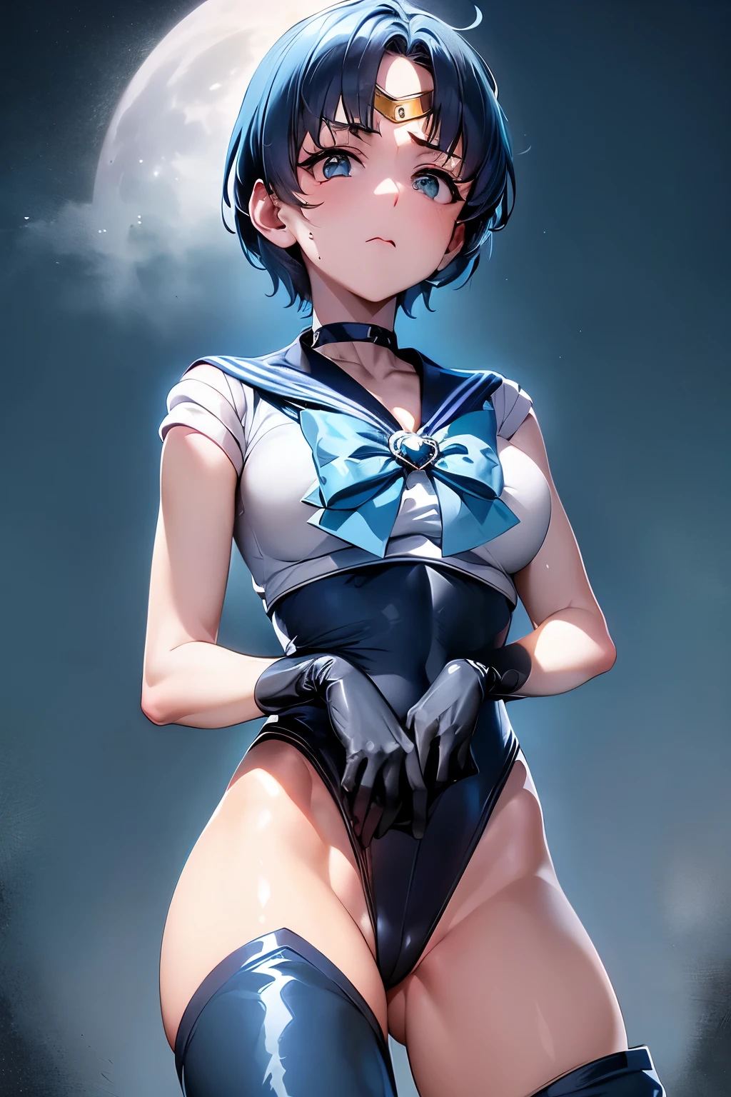 masutepiece, Best Quality, 1girl in, (Sailor Mercury),lightblue hair, (black eyes:1.2),((Upper body naked))、((bontage))、((embarassed expression))、((fullmoon))、((Photo from below))、(((thigh high boots)))、((Short Hair Hair))、((Black Long Gloves))、((open one's legs))、((Black panties))、((tiarra))、((Medium))