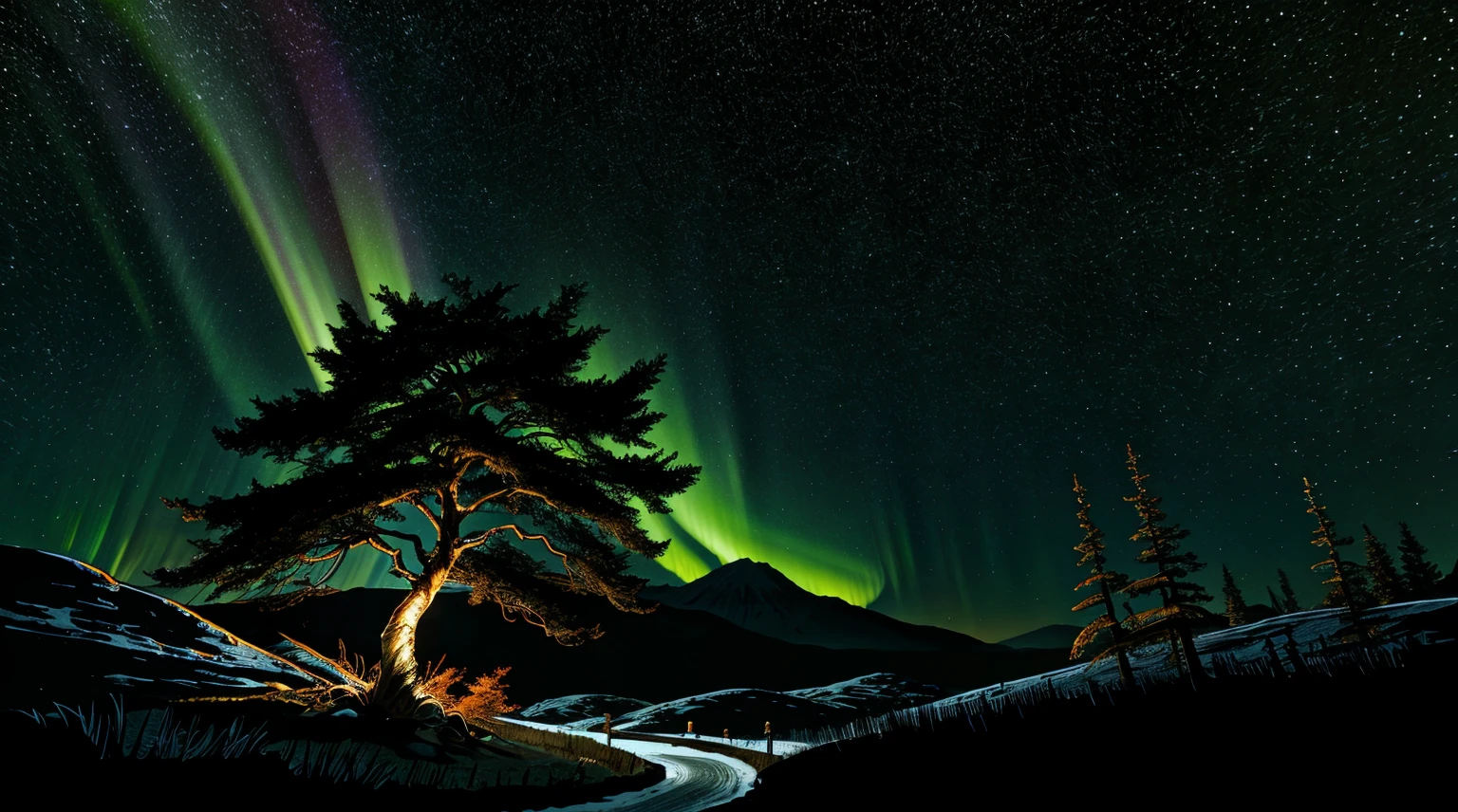 Fantasy forest with japanese maple tree, snow, northern lights, a beautiful woman