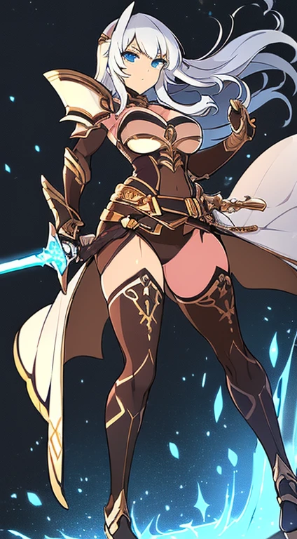 (((Best Quality))) , ((full body)), female, character design, solo, ((white background)), holding sword, gauntlets, waist armor, thigh high, side slit microskirt,