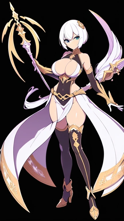 (((Best Quality))) , ((full body)), female, character design, solo, (white background), holding staff, gloves, slit trench skirt, bareback, standing,