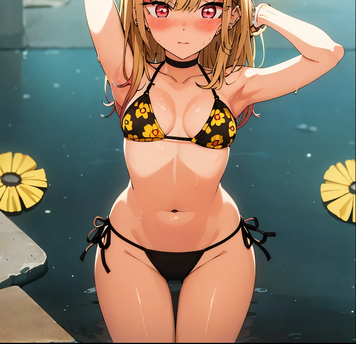 1girl, alone,marin kitagawa, blonde hair, choker, ear piercing, earrings, long hair, piercing, (red eyes:1.5), straight hair, swept bangs, (blush:1.3),
BREAK (triangle bikini:1.2), Black bikini, (Yellow floral bikini:1.3), medium breasts, Naked, Exposed skin, (Wet skin:1.3), (arms behind head, armpits),
BREAK (sea:1.5), beach, (solar:1.3),
BREAK looking at viewer, 
BREAK (masterpiece:1.2), best quality, high resolution, unity 8k wallpaper, (illustration:0.8), (beautiful detailed eyes:1.6), extremely detailed face, perfect lighting, extremely detailed CG, (perfect hands, perfect anatomy)",good hands, good anatomy