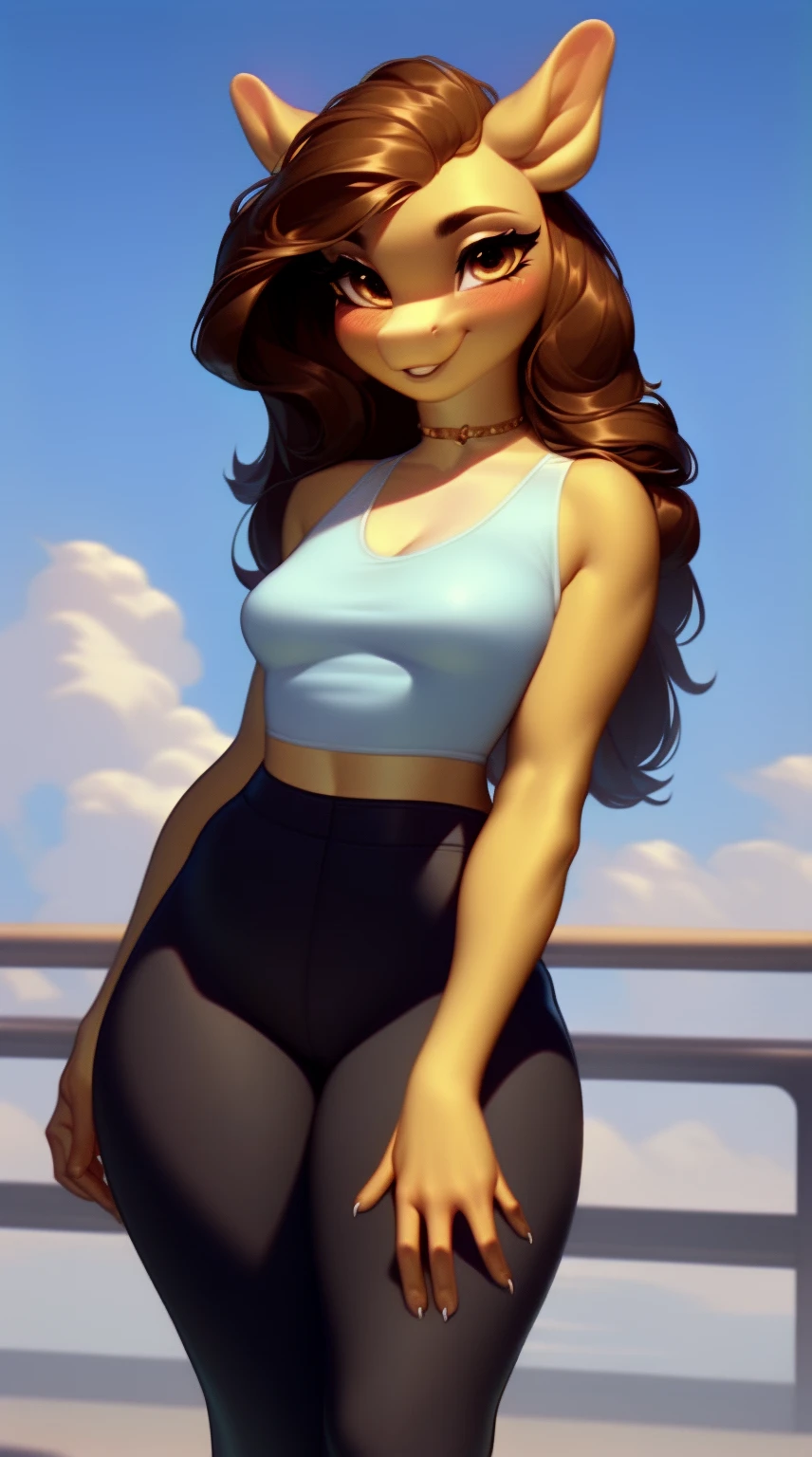 (score_9), (source_derpibooru_p_95), (solo), ((anthro o.c pony 1.1)), (yoga pants), sexy, blushing, cute seductive smile, anatomically correct, small breasts, solo, hourglass figure, curvy, plump body, cute, high res, mature, realistic long brown hair,