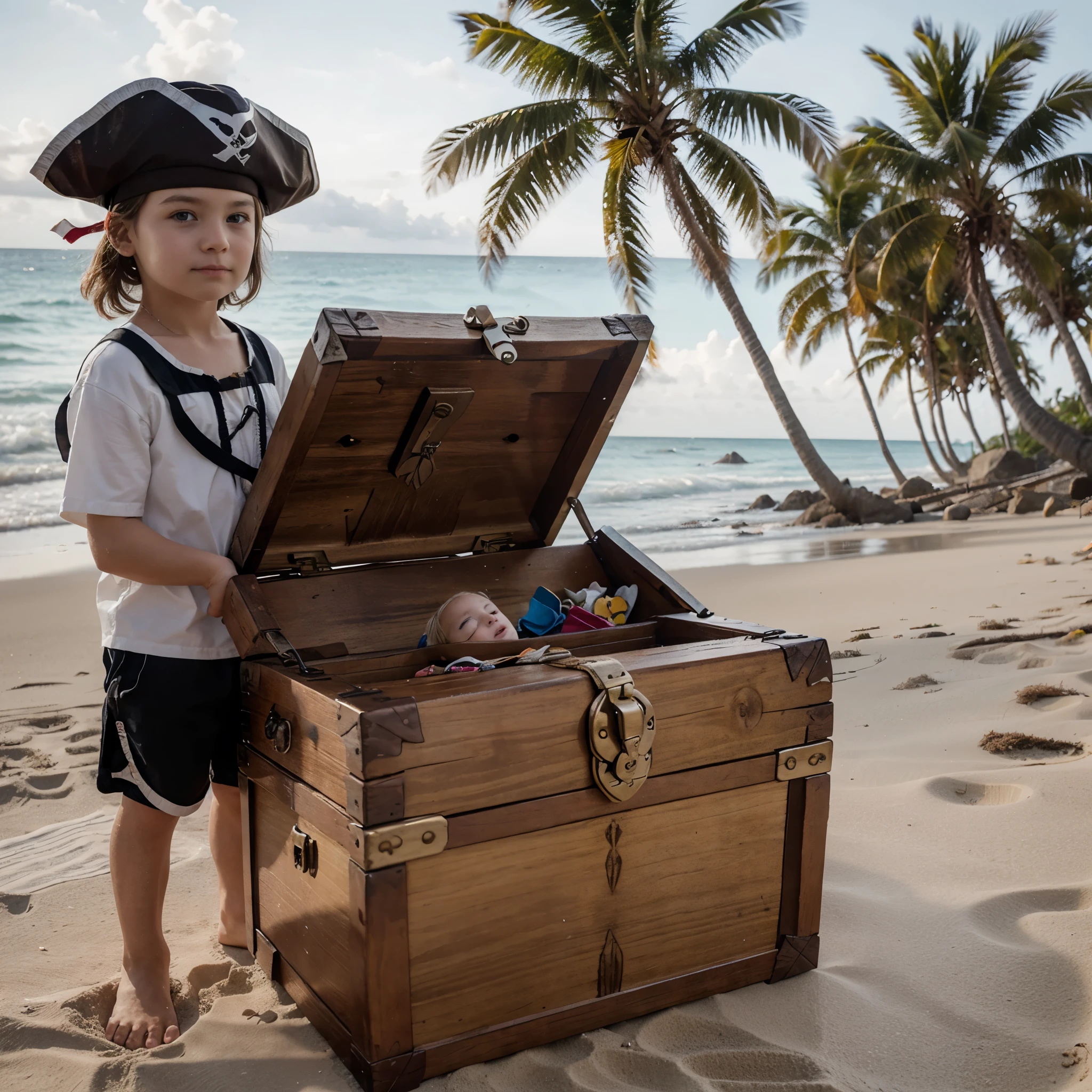 A white-skinned man and a  girl in pirate clothes opened a treasure chest on a beach with palm trees