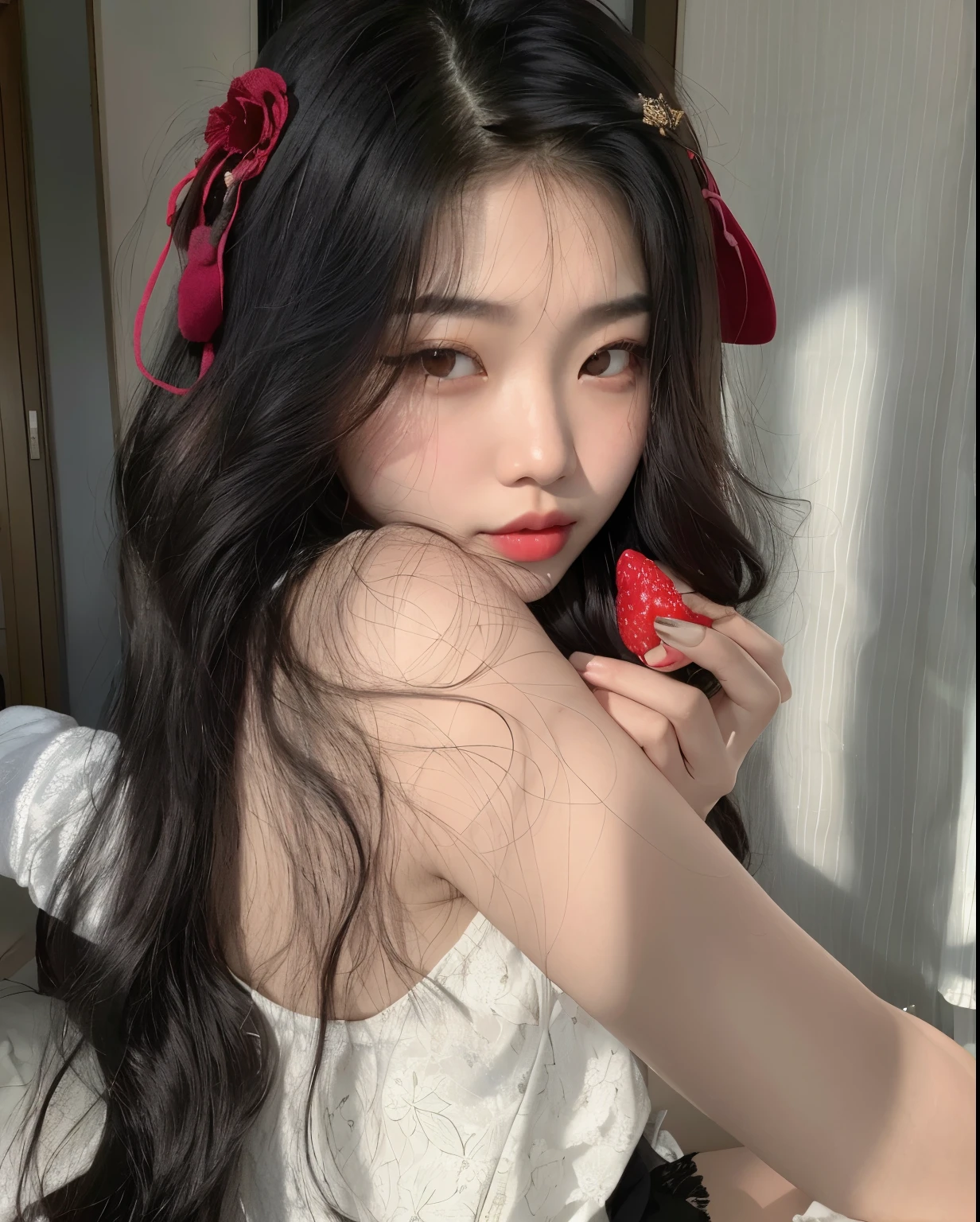 hay una mujer con el pelo largo sosteniendo una fresa en la mano, ulzzang, Chica coreana, Jinyoung Shin, pale snow white skin, Tohsaka also., 🤤 girl portrait, Shikamimi, Asian girl with long hair, young Asian girl, Chica joven y linda, Asian girl, Blackpink Jennie, Zmonzheng, asian features, Wan adorable cara coreana