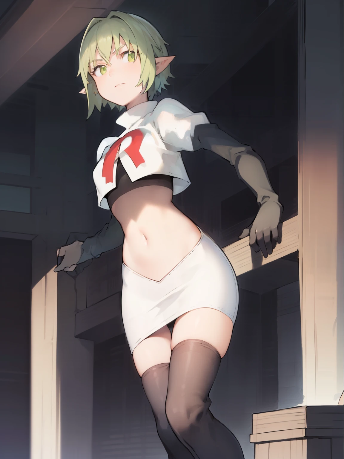 best quality, (masterpiece:1.2), detailed,
1girl, solo, pointy ears,
green hair, green eyes, short hair, short hair with long locks,
team rocket,team rocket uniform, red letter R, white skirt,white crop top,black thigh-highs,black elbow gloves