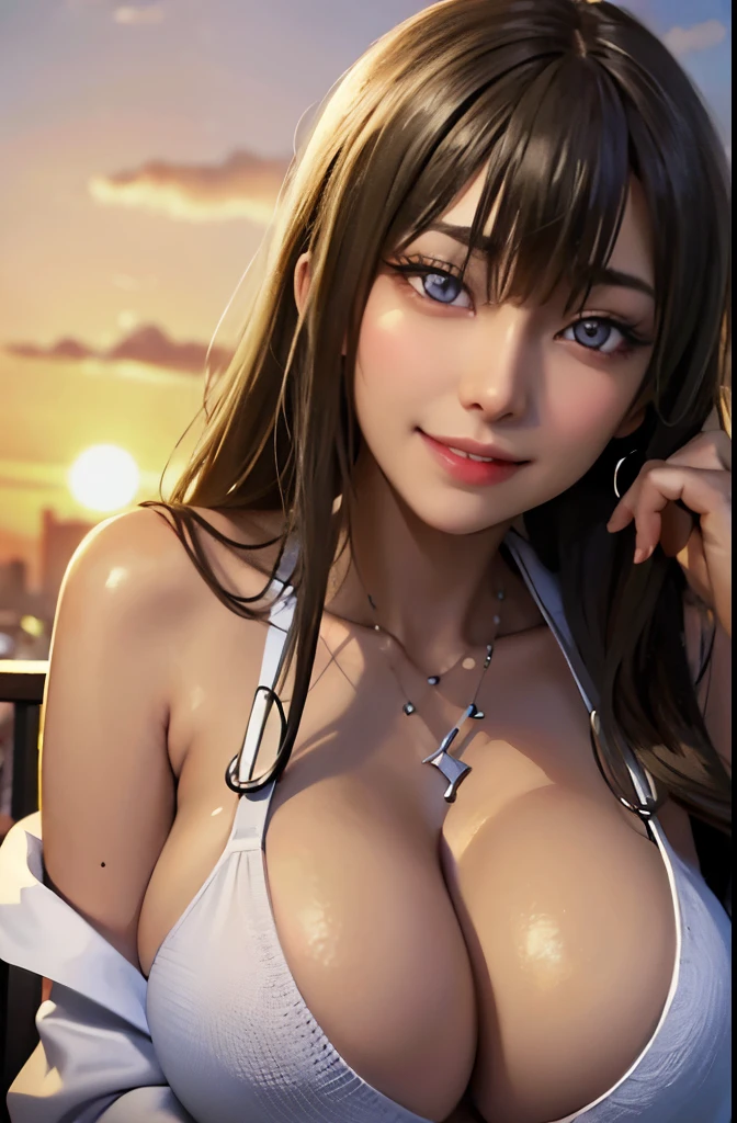 (​masterpiece、top-quality)、1 girl in、(A detailed eye、beautidful eyes)、(a smile:1.5)、virginKillerSweater、sideboob barbosa、outside of house、areolae slip、hotel、a bed、early evening、the setting sun、Photorealsitic、human - shaped、virgin killer sweater、voluptuous, gigantic breast