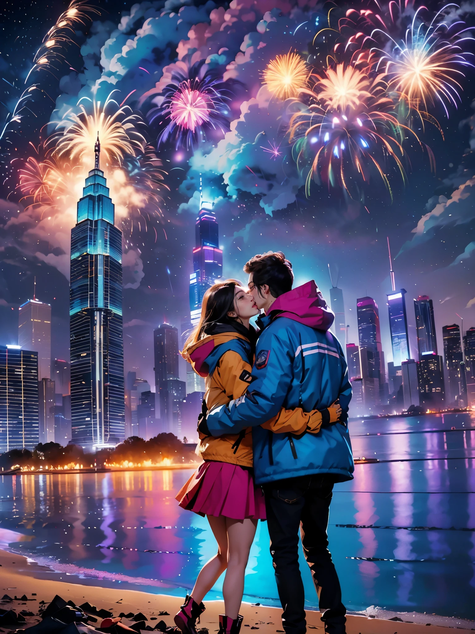 A stunning photo captures this wonderful New Year&#39;s Day concert performance，nigh sky，gorgeous color，(Concert scene)，(crowd of)，Milky Way，(skyscrapers on the shore:1.5)，(city night scene:1.2)，(Couple wearing down jackets hugging:1.5)，Watch the fireworks，Detail and color reproduction，Grand celebration、brilliant colorful、Happy mood、Fireworks explosions、Sparkling fireworks atmosphere、permanent memory，((anatomy correct，Accurate and perfect facial features))