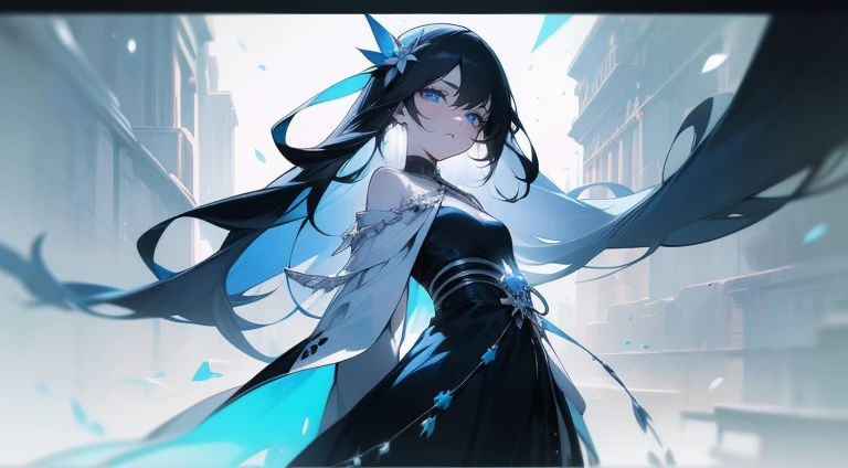 Walking alone on the beach、Ultramarine Sky、Woman with long black hair、Simple ultramarine dress、Slim type、small tits、(Extremely delicate and beautiful: 1.2)、Depression、An expression that hides sadness、Sea of Japan scenery、(​masterpiece, best qualtiy, 超A high resolution), 1girl in, pale skin, ((blue Eyes)), blazing_Eyes, neon Eyes, (ultra detailed Eyes, beautiful and detailed face, detailed Eyes), ((Centered)), Smile, ((Wide Shot)), face to the viewer, Eye level, (blurry Background, bright snowy Background, Winters), flat-chest, Looking at Viewer, ((half closed Eyes)), ((Perfect hands)), (((Head, missiles, lower back, Elbows, In view))), ((hands behind back)), empty Eyes, Beautiful lighting, Outside, Outdoors, Background, defined subject, 25 years old,