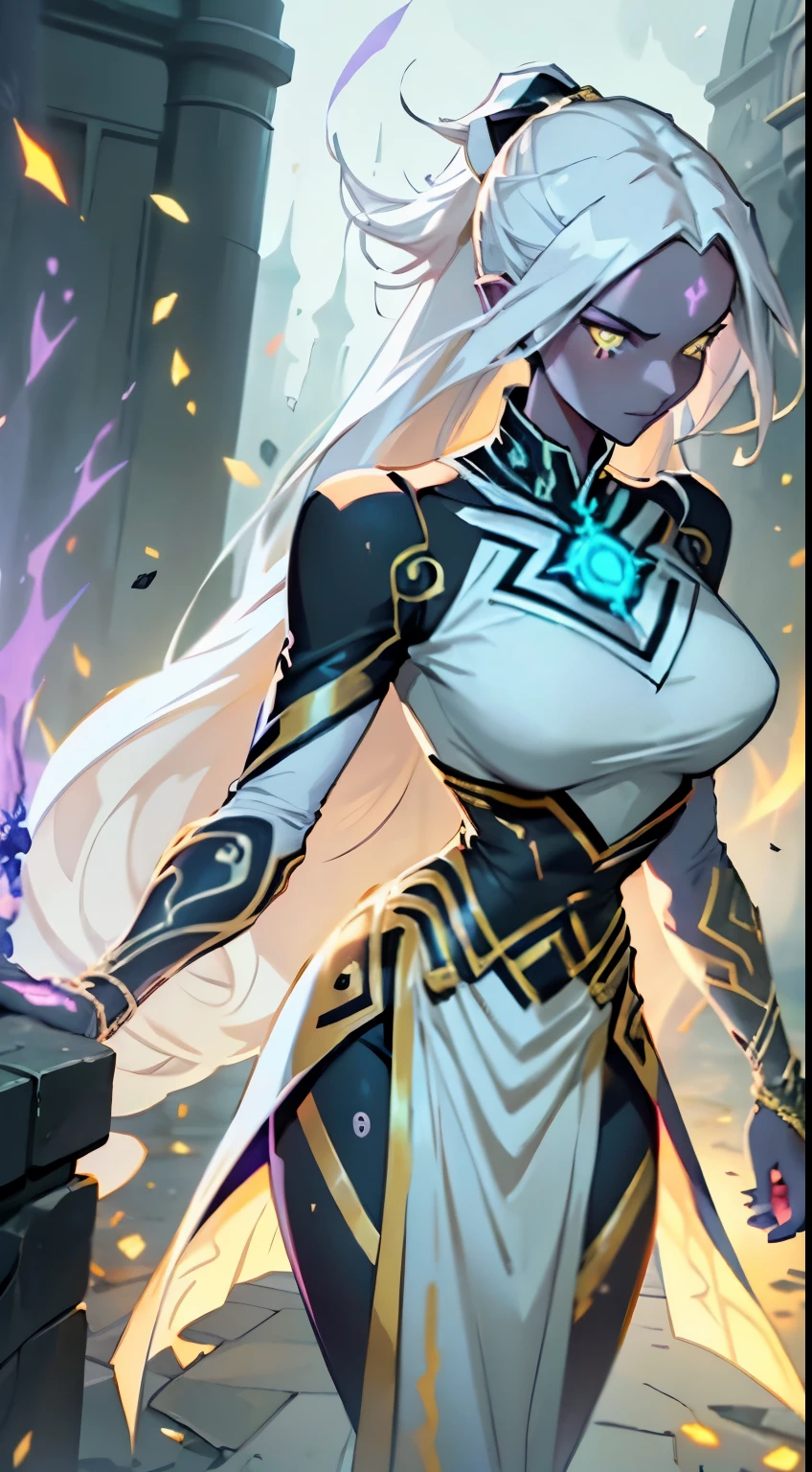 A beautiful and sexy megatrix woman with long white hair and yellow eyes who has a very sexy body wearing a white kimono with gold details and having several runes running through her body in one punch man style