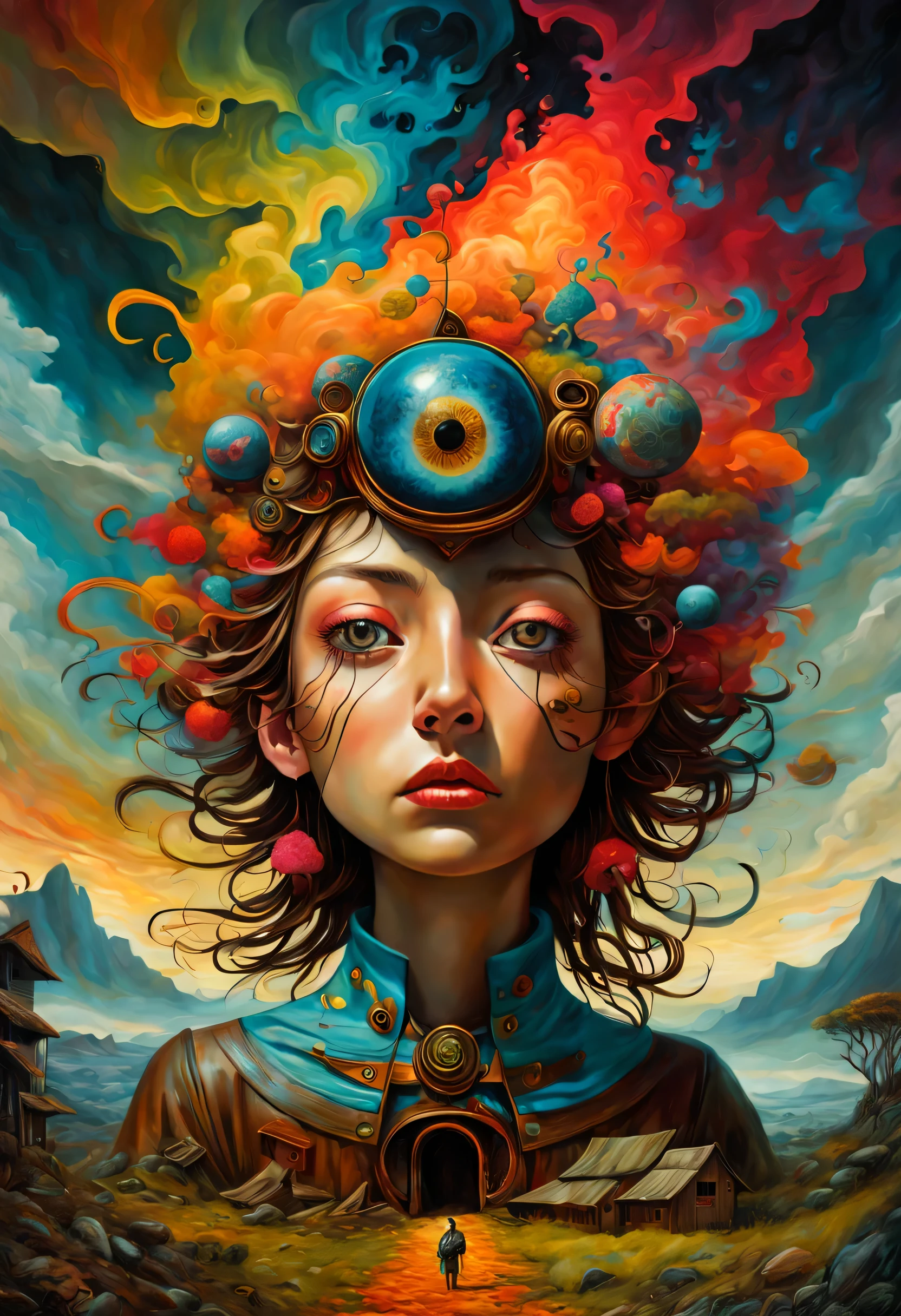 Fantasy Illustration, psychedelic art depicting an illusion, perturbado, abstracto, ephemeral, Narrativa visual esquiva e inestable., Pintura digital, fascinante y muy detallado, vivid colors, surrealismo, Psychedelic background, Detalles intrincados, Renderizado 3D, オイル, delicado, Renderizado de octanaje. Estilo Hayao Miyazaki., al estilo de Esao Andrews,estilo potma,estilo esao andrews