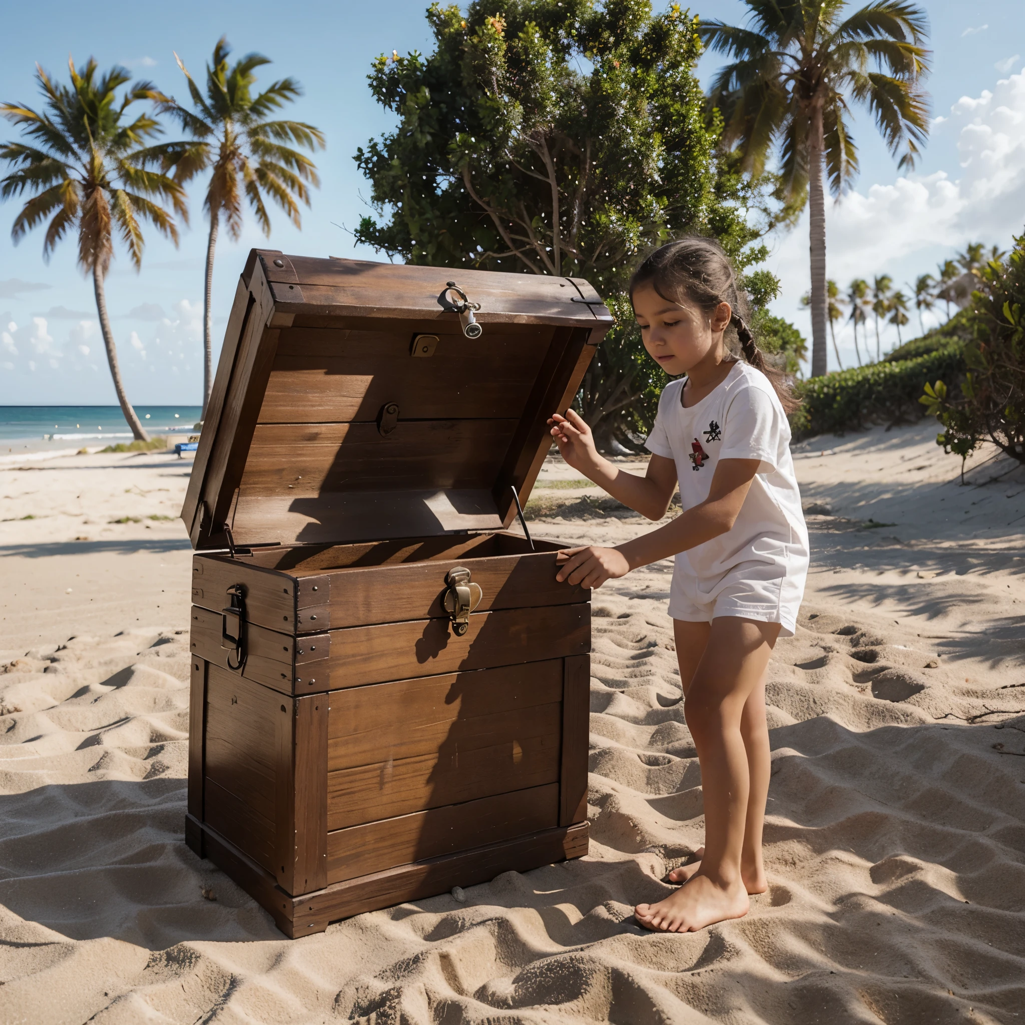 A white-skinned man and a girl in pirate clothes opened a treasure chest on a beach with palm trees