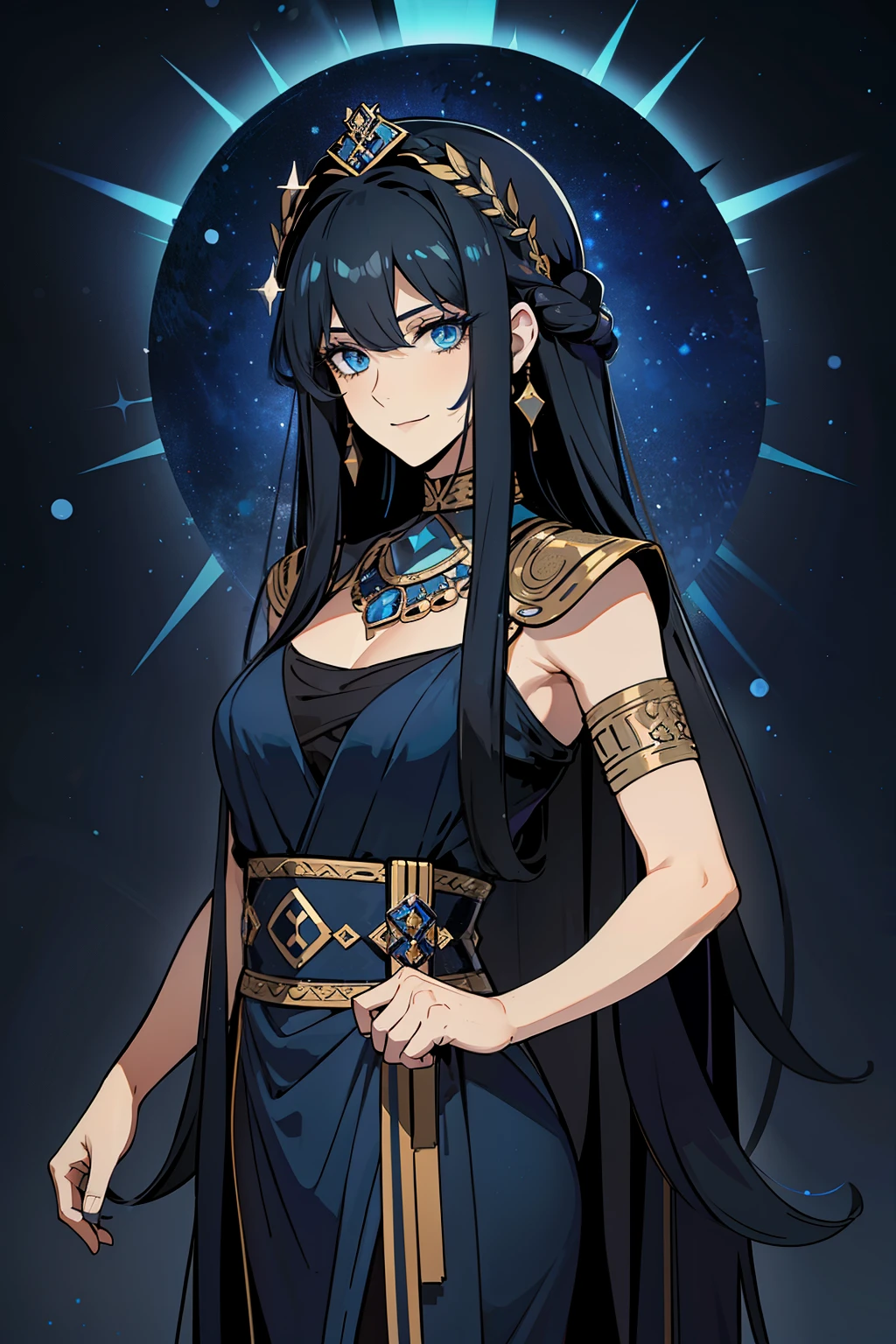 (high-quality, breathtaking),(expressive eyes, perfect face) 1girl, girl, solo, adult, dark black abyss hair with blue lightings, dark grey skin, constellations on skin, stars in hair, long black dress, sleeveless, armband on left arm, dark blue coloured eyes, stylised hair, gentle smile, long length hair, loose hair, side bangs, curley hair, looking at viewer, portrait, ancient greek clothes, blue black and tunic, greek, blue and black sash, darkness inspired background, related to Nyx, elegent, regal, beautiful, a shaul of darkness decorated with stars, Greek Myth, soft make up,