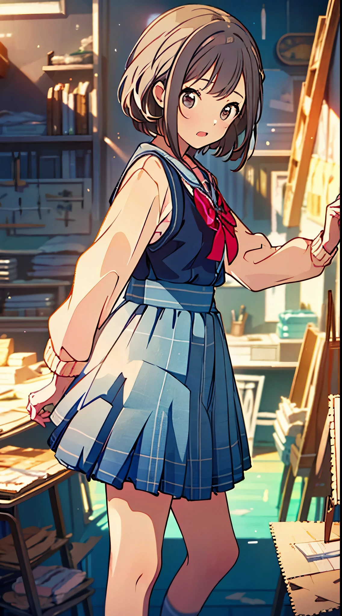 Shinonome picture name、female high-school student、校服、cute little、Troubled expression、Painting on a large campus