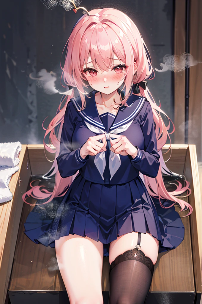 Perfect human body,1 girl,cabellos largos dorados, (very highly detailed background,浴室), 鎖骨,a sailor suit,Bow knot,Superskirt,((woman with fever)), ((perspired,Steaming,college aged))), Colossal titpression of color)), (blush blush:1.2),bath,,