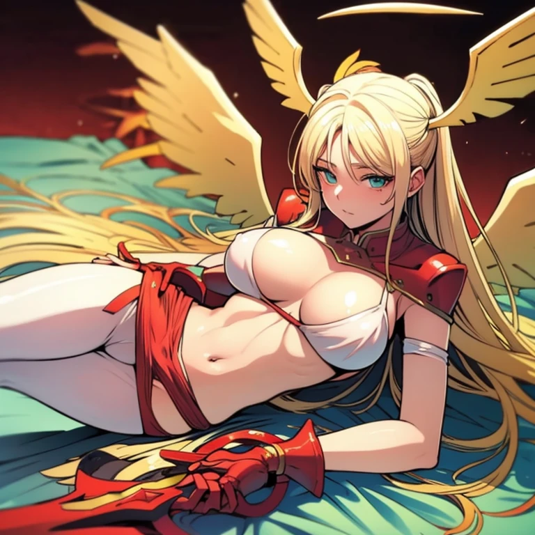 Blonde hair, mint eyes, large breast, sexy, red bikini, angel wings, bed