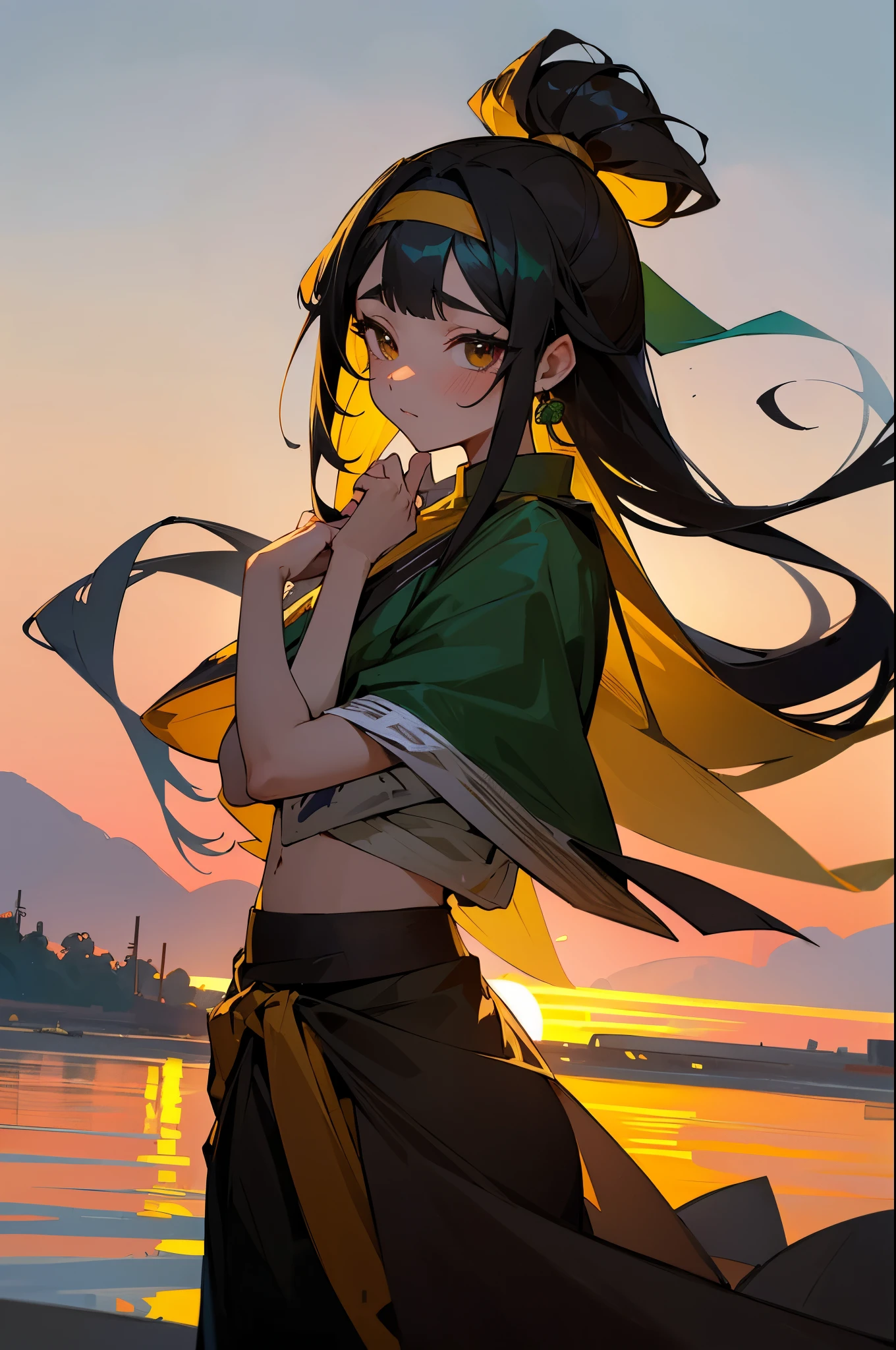 s girl,black in color皮肤,Green eyelack in color头发,long whitr hair,Tied up with hair,Headband,black in color,印度teens girl,brown indian saree,the sunset,adolable