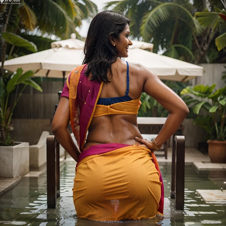 Indian milf, smile , wet , wearing colorful saree, showing ass