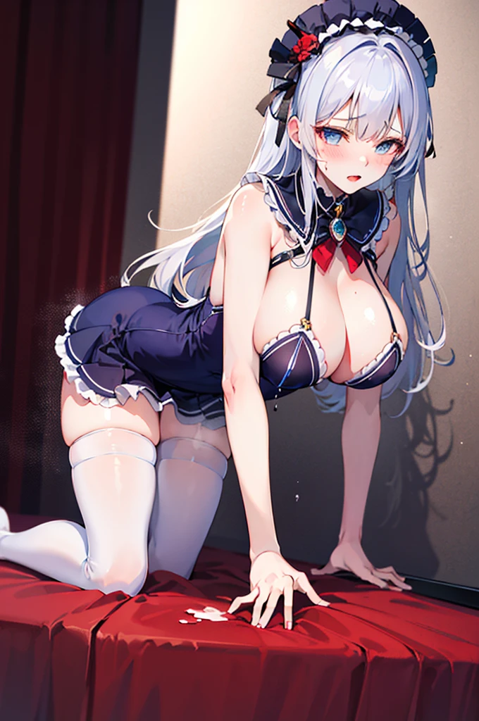 Perfect human body，1 girl， crimson princess，(very highly detailed background), Gorgeous ta dresow knot，semi transparent，(white stockings)，((woman with fever)), ((perspiring,steamy,college aged))), Colossal tits，((The expression of color)), (Blushlush:1.2), Kneeling，