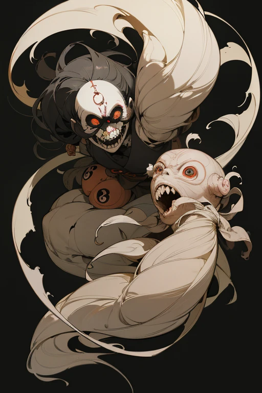 (black background), ((yokai)), bugaboo, Chojugiga, (eerie), rough sketch, (Clear), (obvious), (masterpiece), (high resolution), (super delicate), (8k), full body, (horror elements), eerie worldview, primitive art, old picture scroll style, cartoon style, old staging, Ancient mural style, anthropomorphism, Outline warm color, Shihon Bokuga, Sumi-e, Japanese painting, Crazy illustrations, antique, Dark atmosphere, flat illustration, doll-like face, horror factor, Crazy smile, spooky look, personification of junk, Distinctive hair style, Creative accessories, individualistic atmosphere