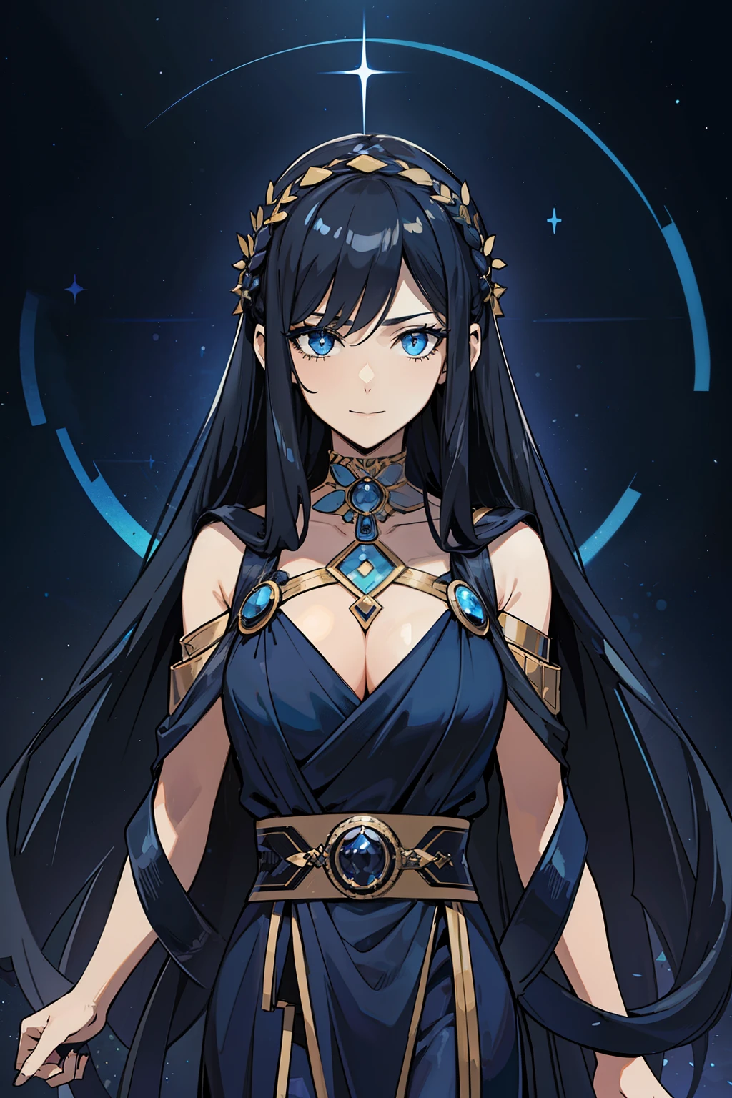 (high-quality, breathtaking),(expressive eyes, perfect face) 1girl, girl, solo, adult, dark black abyss hair with blue lightings, dark grey skin, constellations on skin, stars in hair, long black dress, sleeveless, armband on left arm, dark blue coloured eyes, stylised hair, gentle smile, long length hair, loose hair, side bangs, soft wavey hair, looking at viewer, portrait, ancient greek clothes, blue black and tunic, greek, blue and black sash, darkness inspired background, related to Nyx, elegent, regal, beautiful, a shaul of darkness decorated with stars, Greek Myth, soft make up