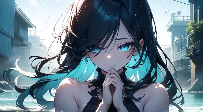 Walking alone on the beach、Ultramarine Sky、Woman with long black hair、Simple ultramarine dress、Slim type、small tits、(Extremely delicate and beautiful: 1.2)、Depression、An expression that hides sadness、Sea of Japan scenery、(masterpiece, best qualtiy, 超A high resolution), 1girl in, pale skin, ((blue Eyes)), blazing_Eyes, neon Eyes, (ultra detailed Eyes, beautiful and detailed face, detailed Eyes), ((Centered)), Smile, ((Wide Shot)), face to the viewer, Eye level, (blurry Background, bright snowy Background, Winters), flat-chest, Looking at Viewer, ((half closed Eyes)), ((Perfect hands)), (((Head, missiles, lower back, Elbows, In view))), ((hands behind back)), empty Eyes, Beautiful lighting, Outside, Outdoors, Background, defined subject, 25 years old,