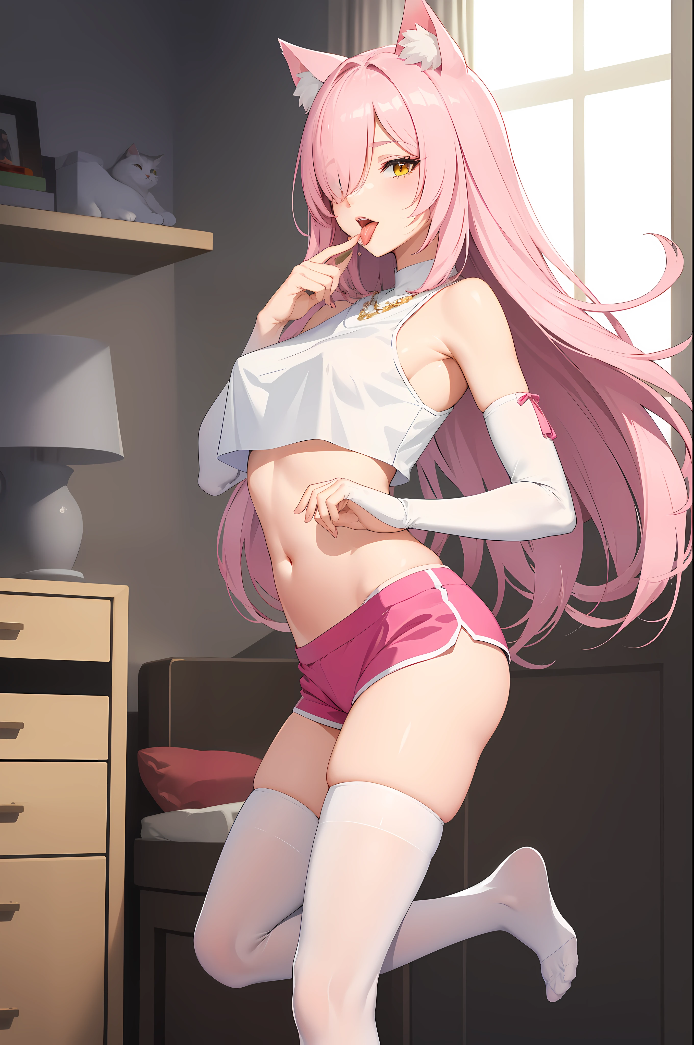 (masterpiece), best quality, perfect face,on bedroom,from side,1catgirl,Beautiful yellow eyes,cat ears,cat tail,Long pink hair,((hair over one eye)),(plain White t-shirt with crop top),(pink hot pants),(white stocking,white detached sleeve),bare shoulders,diamond necklace,(perfect anatomy:1.2),(licking her fingers,tongue out,standing on one leg)