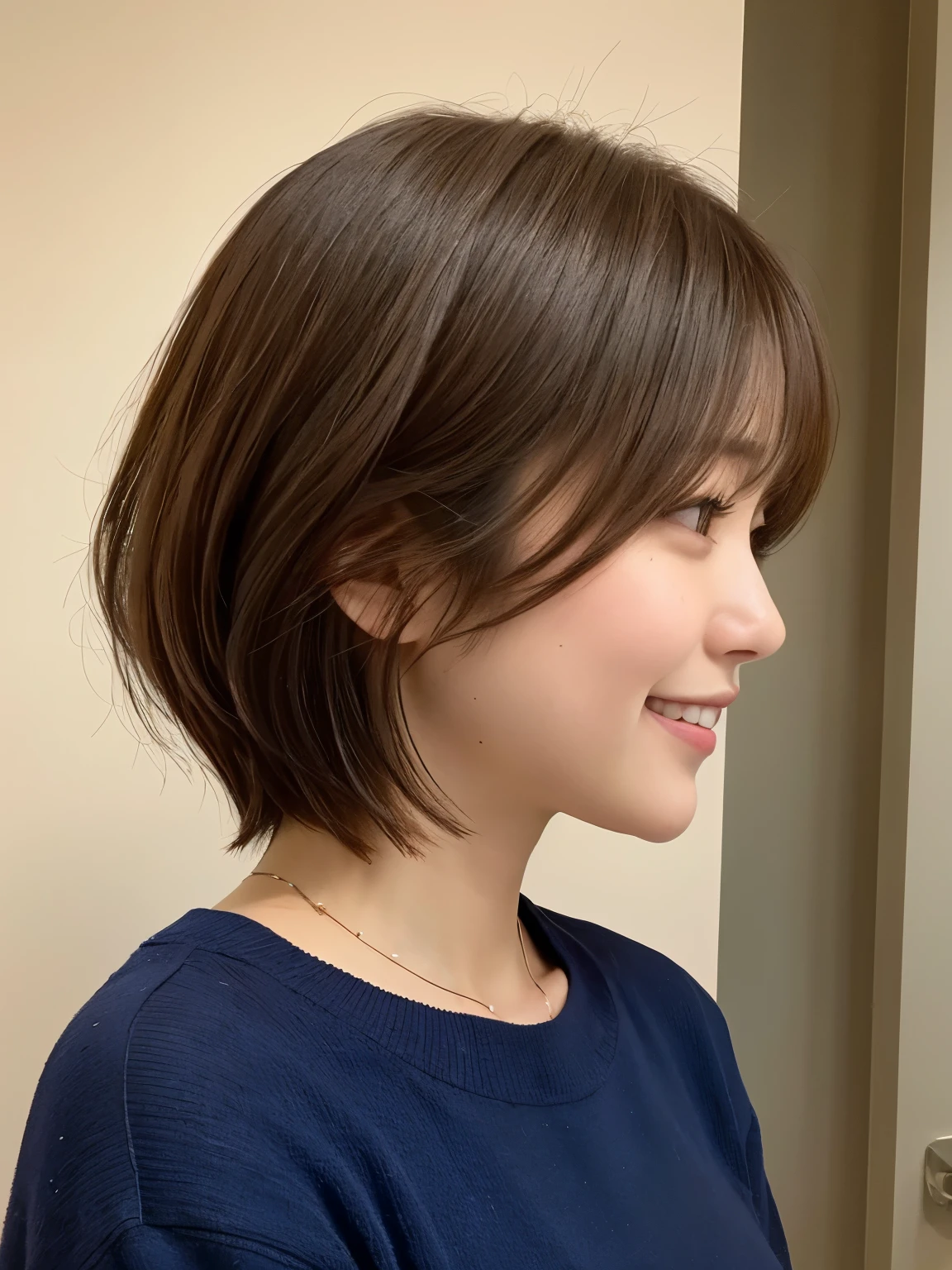 white walls、Taken in front of the white door、(窓のあるwhite wallsの部屋)、(8K、Raw photography、top-quality、masterpiece:1.2)、high-definition RAW color photography、professional photograpy、(realisitic、フォトrealisitic:1.37)、Shot in natural light、1girl in、A smile、(Poses variadas)、Crouch down、crouching down、BREAK (Ombre:1.3) 、Winter clothes、 Necklace、(Beautiful profile:1.3)、Don't look at the camera、profile、short-cut、((Brown hair)、short-hair、Eye color is dark brown、(Beautiful profile:1.3)、correct hand of human body、Depressed