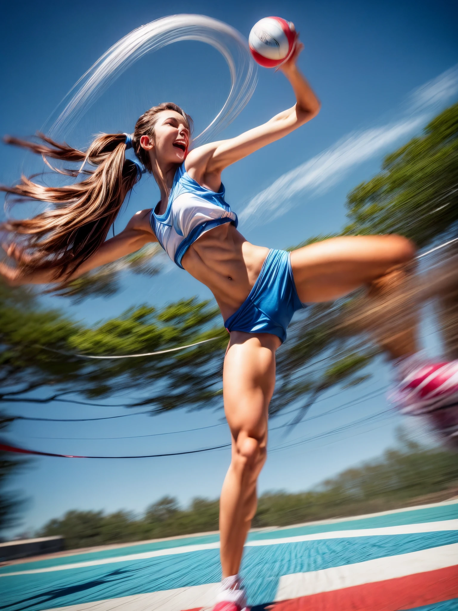 (high quality,ultra-detailed,realistic:1.37),energetic,athletic girl,beautiful detailed eyes,beautiful detailed lips,fit and slender body,long brown hair,confident expression,active outdoor scene,vibrant colors,artistic photography,joyful atmosphere,happy and sunny day,athletic clothing,motion blur effect,capturing the girl in mid-air,masterpiece:1.2