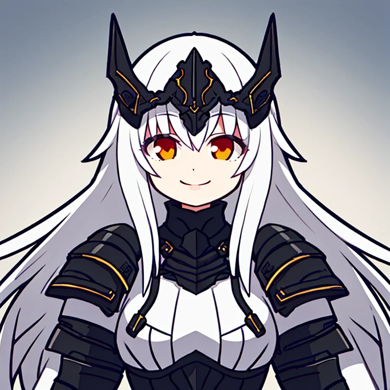 best quality, masterpiece, 1girl, shiny black armor, long white hair, smile, upper body