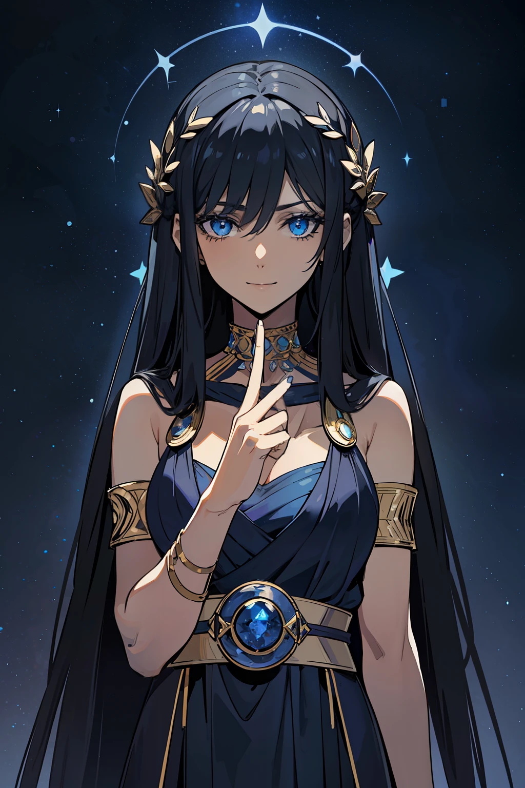 (high-quality, breathtaking),(expressive eyes, perfect face) 1girl, girl, solo, adult, dark black abyss hair with blue lightings, dark grey skin, constellations on skin, stars in hair, long black dress, sleeveless, armband on left arm, dark blue coloured eyes, stylised hair, gentle smile, long length hair, loose hair, side bangs, soft wavey hair, looking at viewer, portrait, ancient greek clothes, blue black and tunic, greek, blue and black sash, darkness inspired background, related to Nyx, elegent, regal, beautiful, a shaul of darkness decorated with stars, Greek Myth, soft make up, cosmos, starlight, goddess of the night