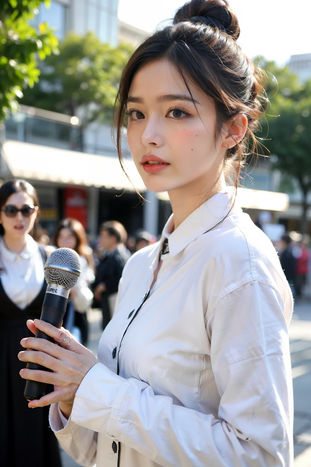 (((Best quality at best)), ((tmasterpiece)), (detailed), The background is the mall,natural classic face,Talking with microphone in hand,A girl records work nearby,long sleeve work uniform,Hair tied up