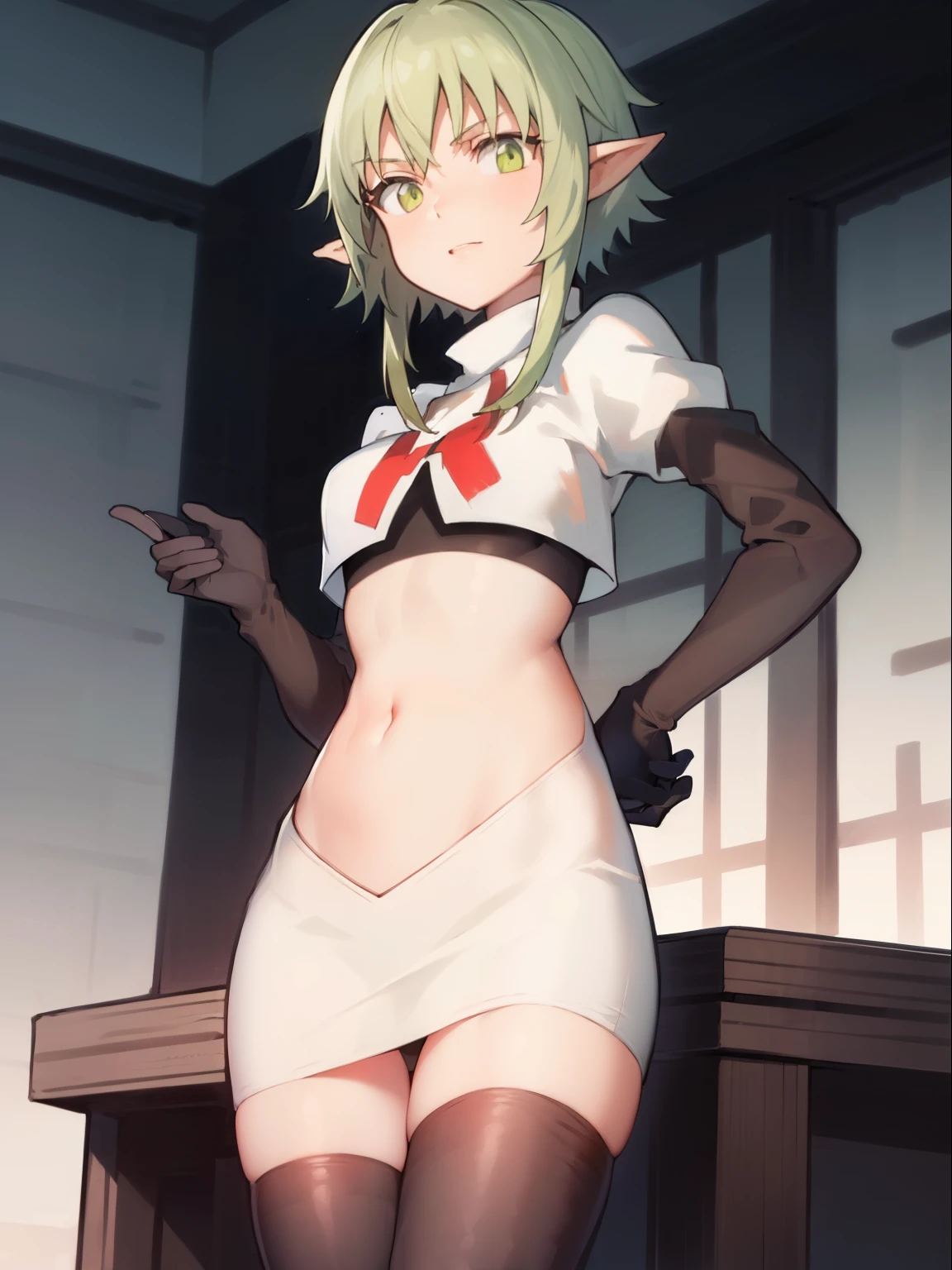 best quality, (masterpiece:1.2), detailed,
1girl, solo, pointy ears,
green hair, green eyes, short hair, short hair with long locks,
team rocket,team rocket uniform, red letter R, white skirt,white crop top,black thigh-highs,black elbow gloves