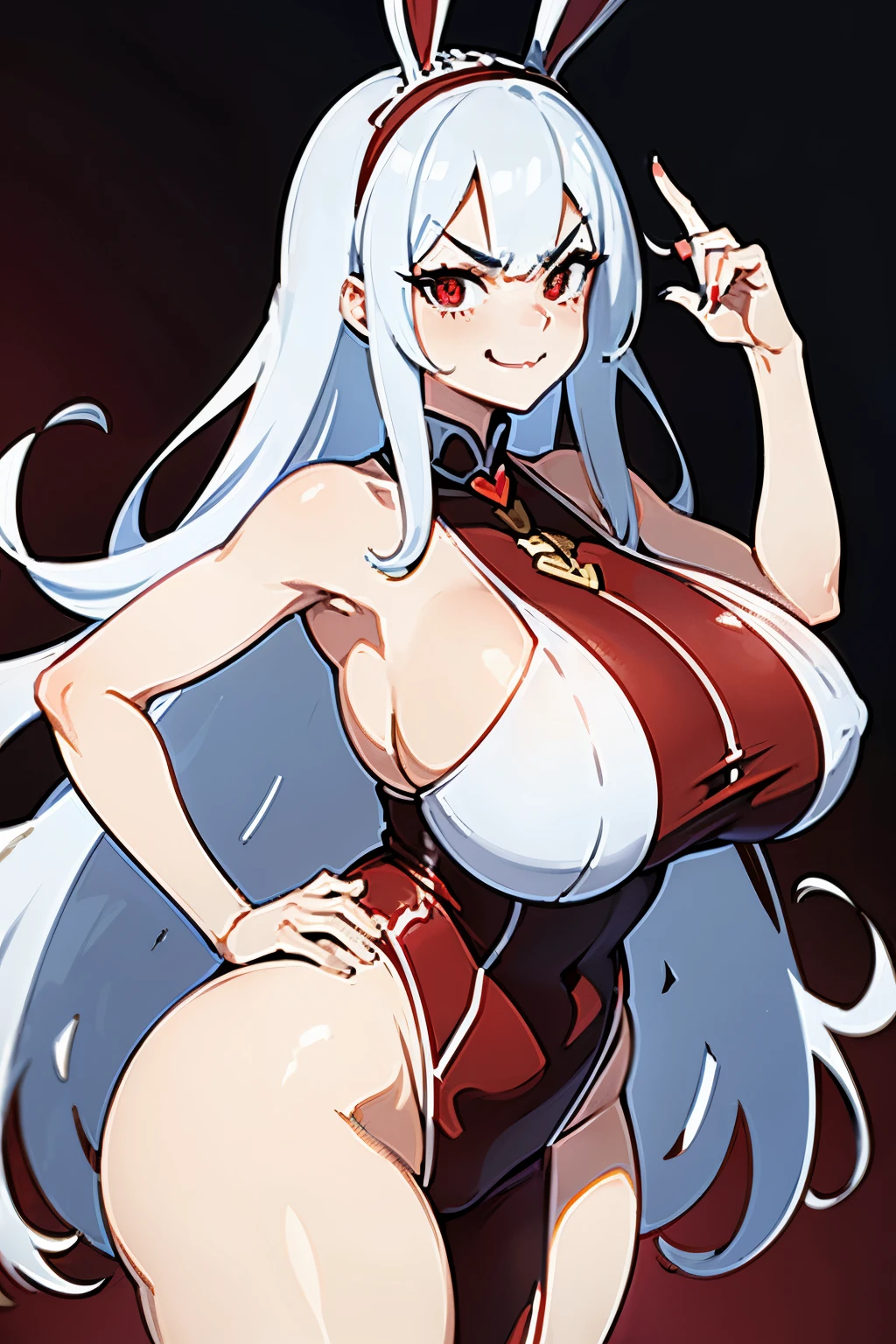 masterpiece, best quality, finely detailed, high resolution, 1girl, white long hair, white hair, heart on cheek, red eyes, showing butt, fskinny waist, big hips, disgusted face, gross face, sexy, red, (huge breasts), narrow waist, (huge thighs), bunny ears, vampire, evil, disgusted face, angry face, narrow eyebrows, mouth open, showing fangs, evil, red background, in room, mouth open, nose scrunched, really angry,sweet, sweet face, smiling, smile, lhuge thighs, thick thighs, showing butt, white clothes, crown on, bunny girl , brown skin