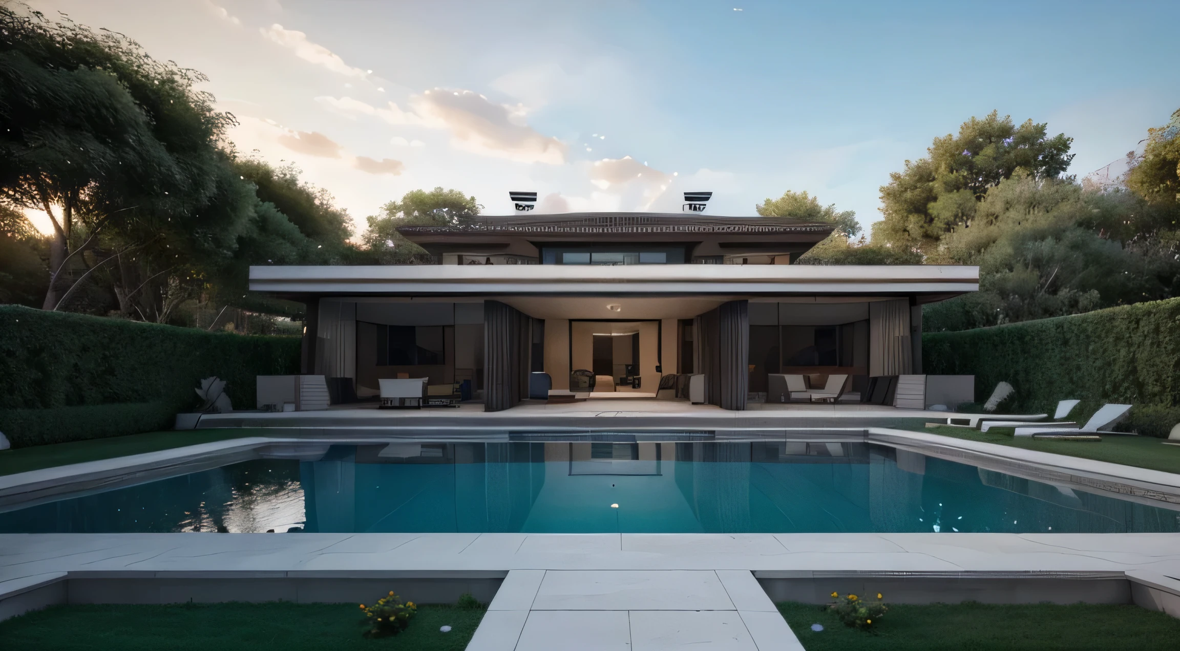 Organic modern architecture on a large plot of land out of sight, Terreno bastante grande, Landscape terrain, Prairie with trees , Hay una piscina en medio de una gran casa de un piso, Color de la casa en blanco cuarzo y esquinas negras, Gran residencia moderna, Flat roofs and garden, a photorealistic rendering, architectural render, Representation of mantras, architectural render, Realismo, architectural visualisation, piscina wellness, architectural visualisation, Amplias zonas verdes, , green shrubs lush type green garden, as well as small water mirrors, Piscina incrustada en una zona de arena, Olivos y pinos alrededor de la casa, 8K ultrarrealista, Demasiados detalles, Sillas recostables, Invierno, Nieve, Noche
