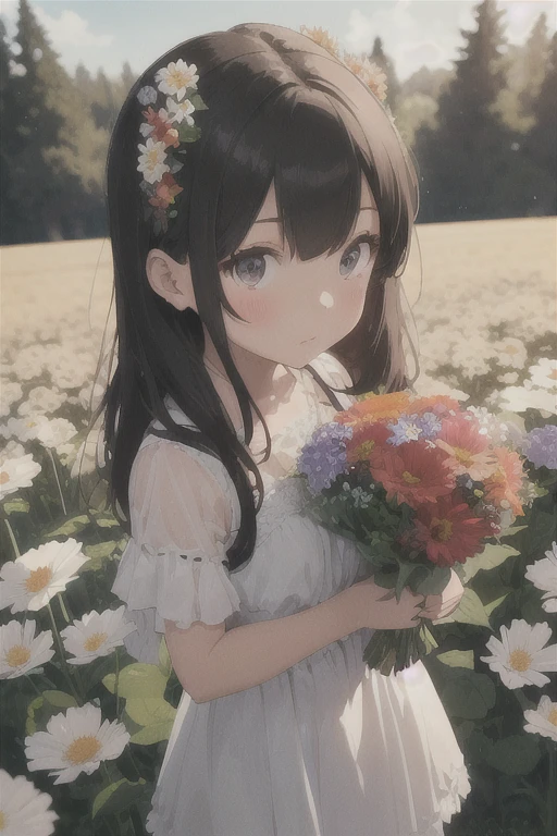 there is a little girl in a red and white dress holding a bouquet, girl in flowers, picking flowers, holding flowers, picking up a flower, girl standing in flower field, girl standing in a flower field, flowers on heir cheeks, girl in a flower field, portrait of girl in flower field, girl walking in forest, girl with a flower head, cinematic lighting, close-up, panorama, Wide-Angle, 85mm, ((masterpiece)), UHD, anatomically correct, super detail, high quality, award winning, 1080P, HD, 16k