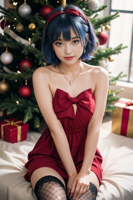 1girl, bangs, blue hair, bow, box, bracelet, christmas, christmas tree, cowboy shot, dress, earrings, fishnets, flower, gift, gift box, hair ornament, hamel, jewelry, looking at viewer, multicolored hair, necklace, pantyhose, parted lips, purple eyes, red dress, ribbon, rose, short hair, smile, solo, thighhighs, (nude)