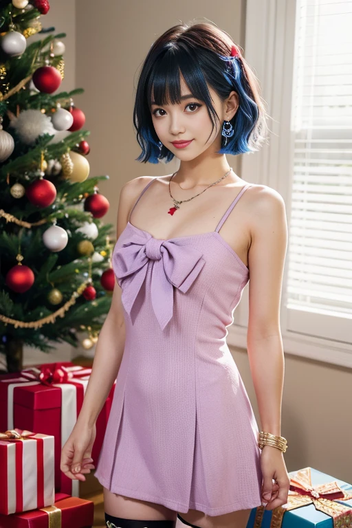 One girl, bangs, Blue Hair, bow, box, bracelet, Christmas, Christmas tree, Cowboy Shot, dress, Earrings, Fishnet tights, flower, gift, gift box, hair ornaments, Hamel, jewelry, View Viewer, Multicolored Hair, necklace, pantyhose, Lips parted, Purple eyes, red dress, ribbon, Rose, short hair, smile, alone, Knee socks