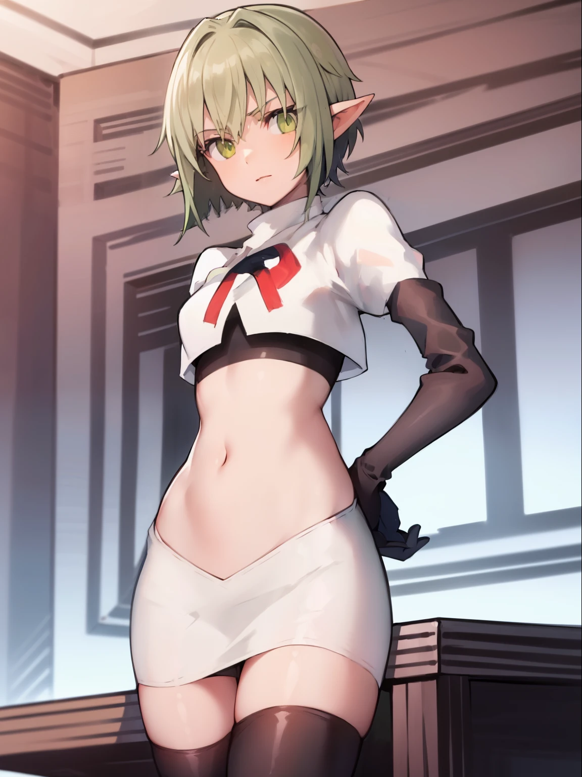 best quality, (masterpiece:1.2), detailed,
1girl, solo, pointy ears,
green hair, green eyes, short hair, short hair with long locks,
team rocket,team rocket uniform, red letter R, white skirt,white crop top,black thigh-highs,black elbow gloves