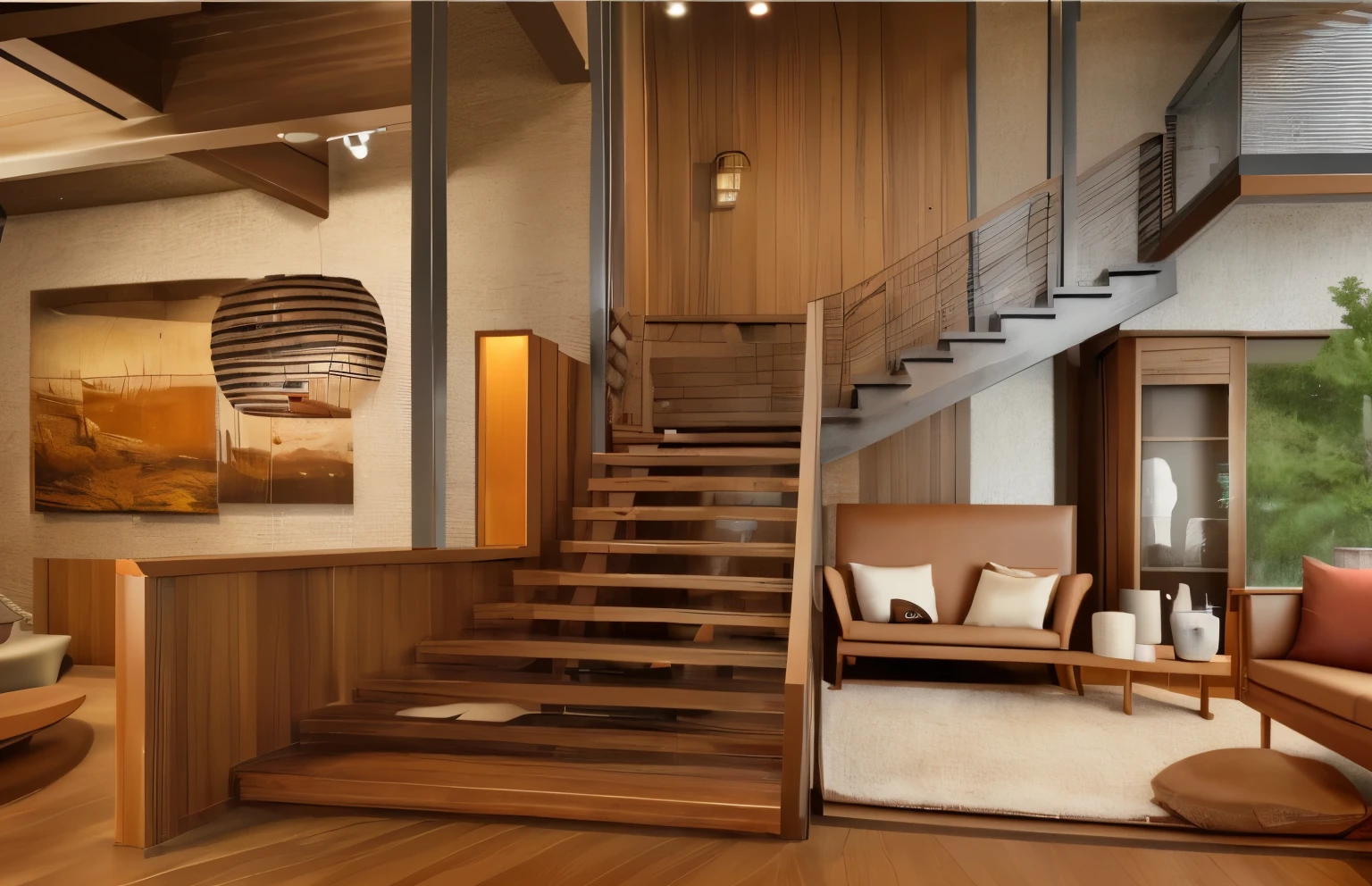 wood grain style,Elegant decoration style,There is a pool on the right